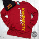 Kansas City Football side print long sleeve graphic tee by The Graphic Tee, featuring team logo and bold Kansas City football design.