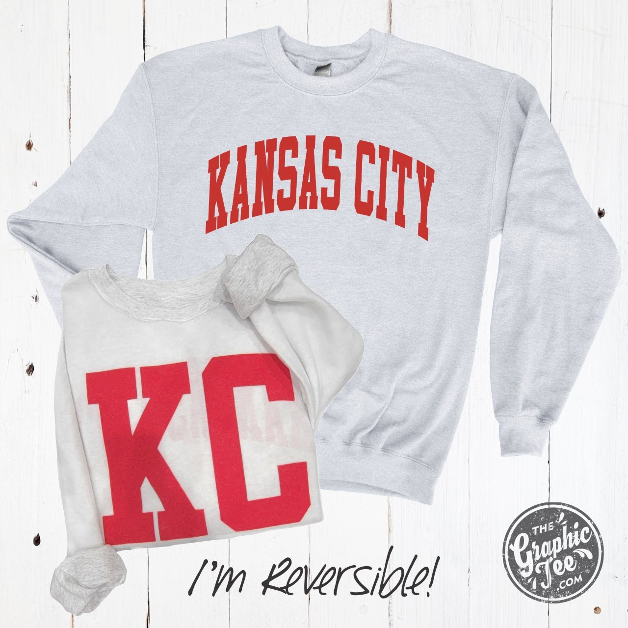 Kansas City reversible ash crewneck sweatshirt by The Graphic Tee, showing front and back with Kansas City graphic design.