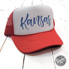 Kansas Red and White Foam Trucker Cap by The Graphic Tee, featuring a classic trucker style with bold Kansas colors and mesh back.