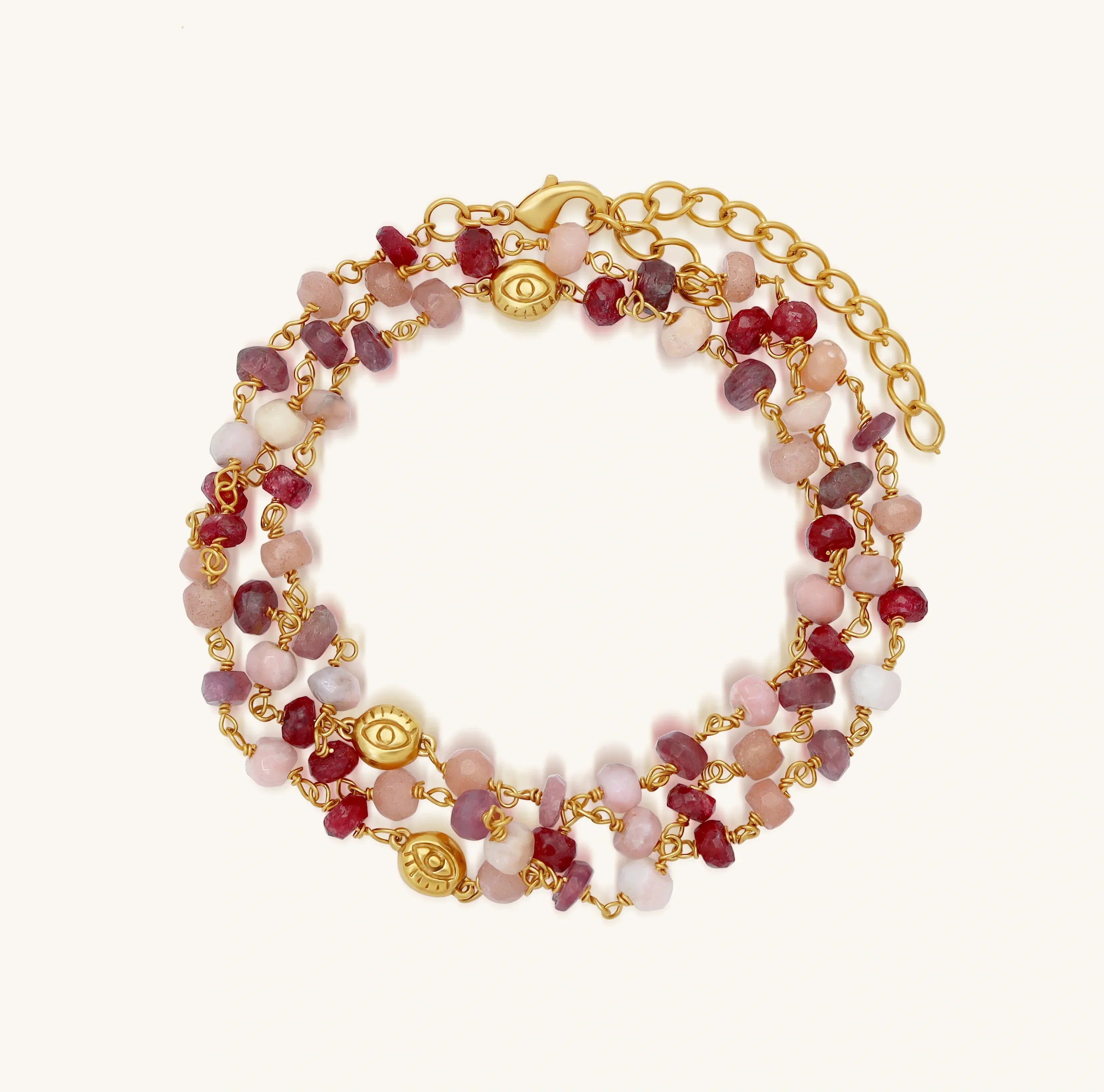 Karma and Luck Abundant Grace multi-stone evil eye gold wrap bracelet for women with colorful stones and protective design.