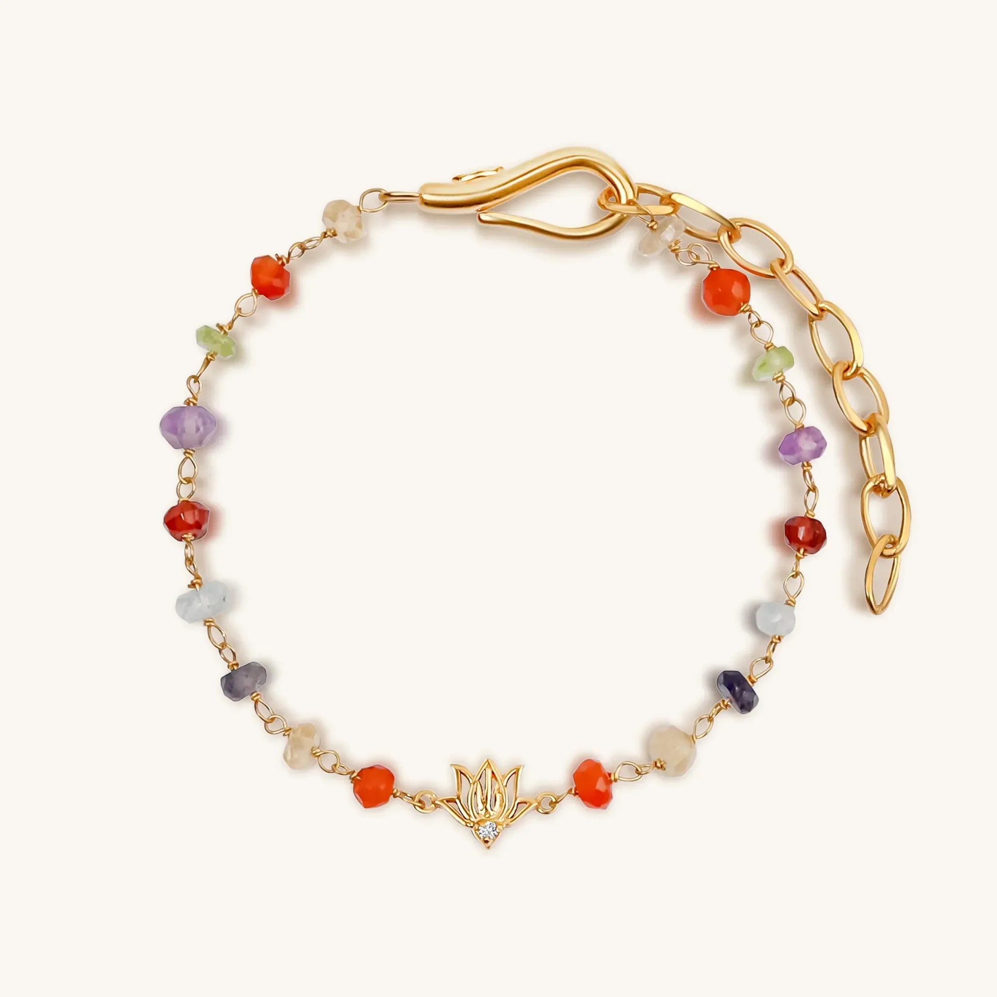 Women's Karma and Luck multi-stone chakra lotus charm bracelet with colorful stones and intricate lotus design.
