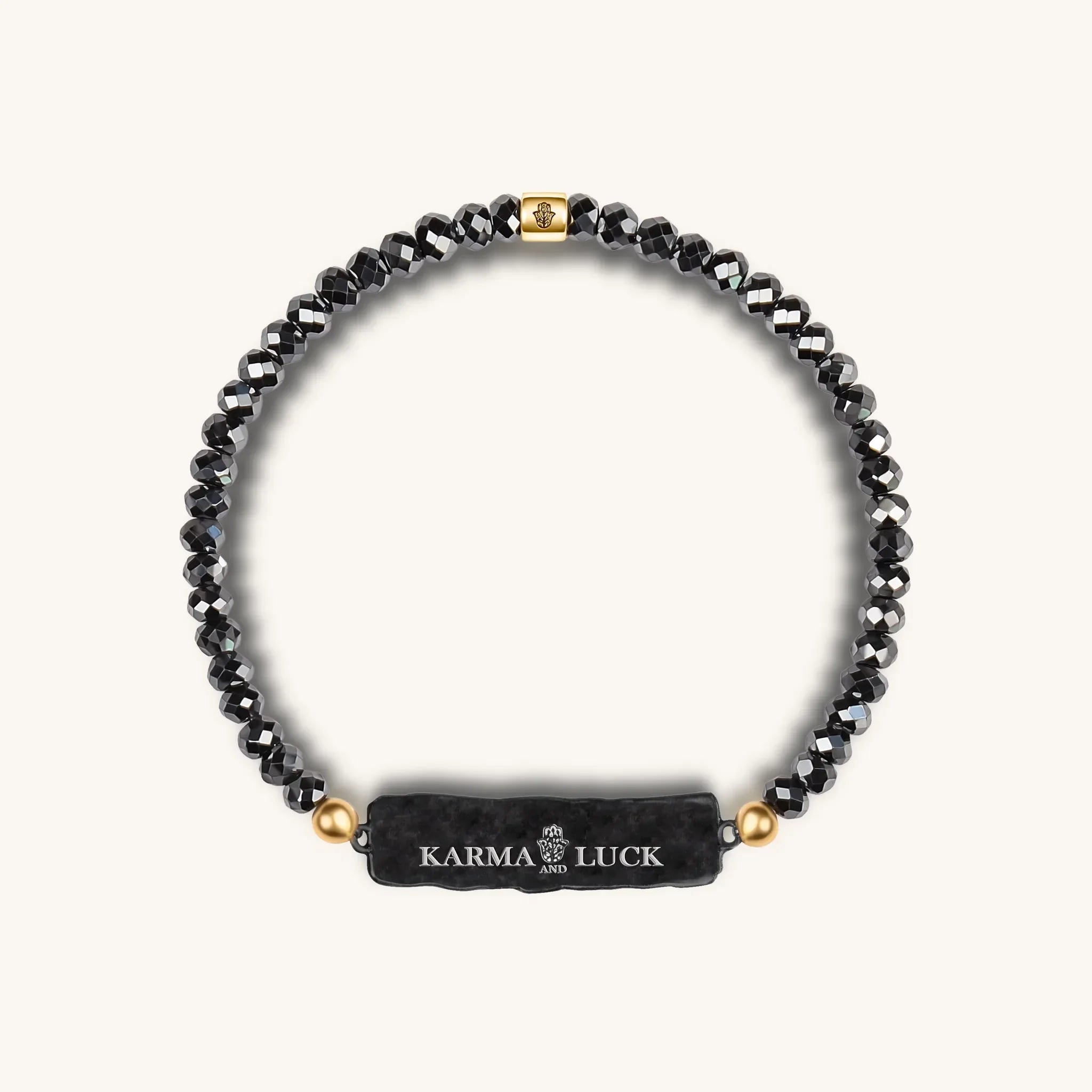 Karma and Luck Peaceful Harmony Swarovski Crystal Hematite Chakra Bracelet for women, featuring dark hematite and sparkling crystals.