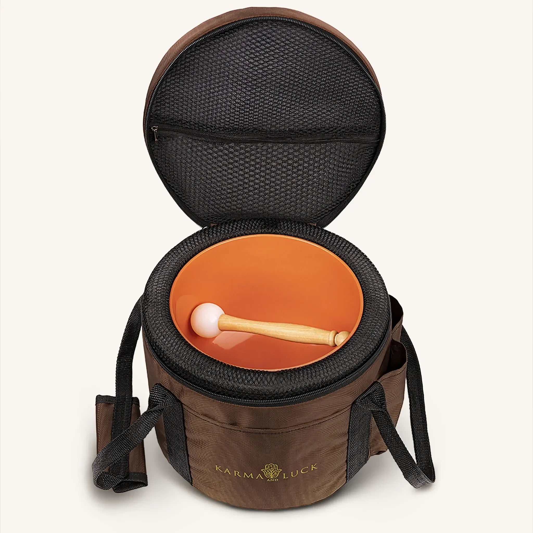 Karma and Luck meditation singing bowl bag for relaxation and home decor, made of durable fabric with decorative design.