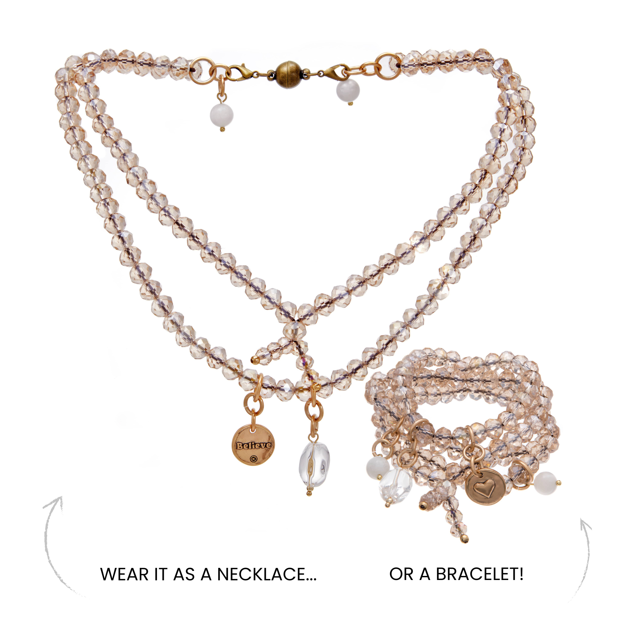 Katia Designs Believe Heart Crystal Boho wrap bracelet and necklace with heart-shaped crystals, featuring a bohemian style.