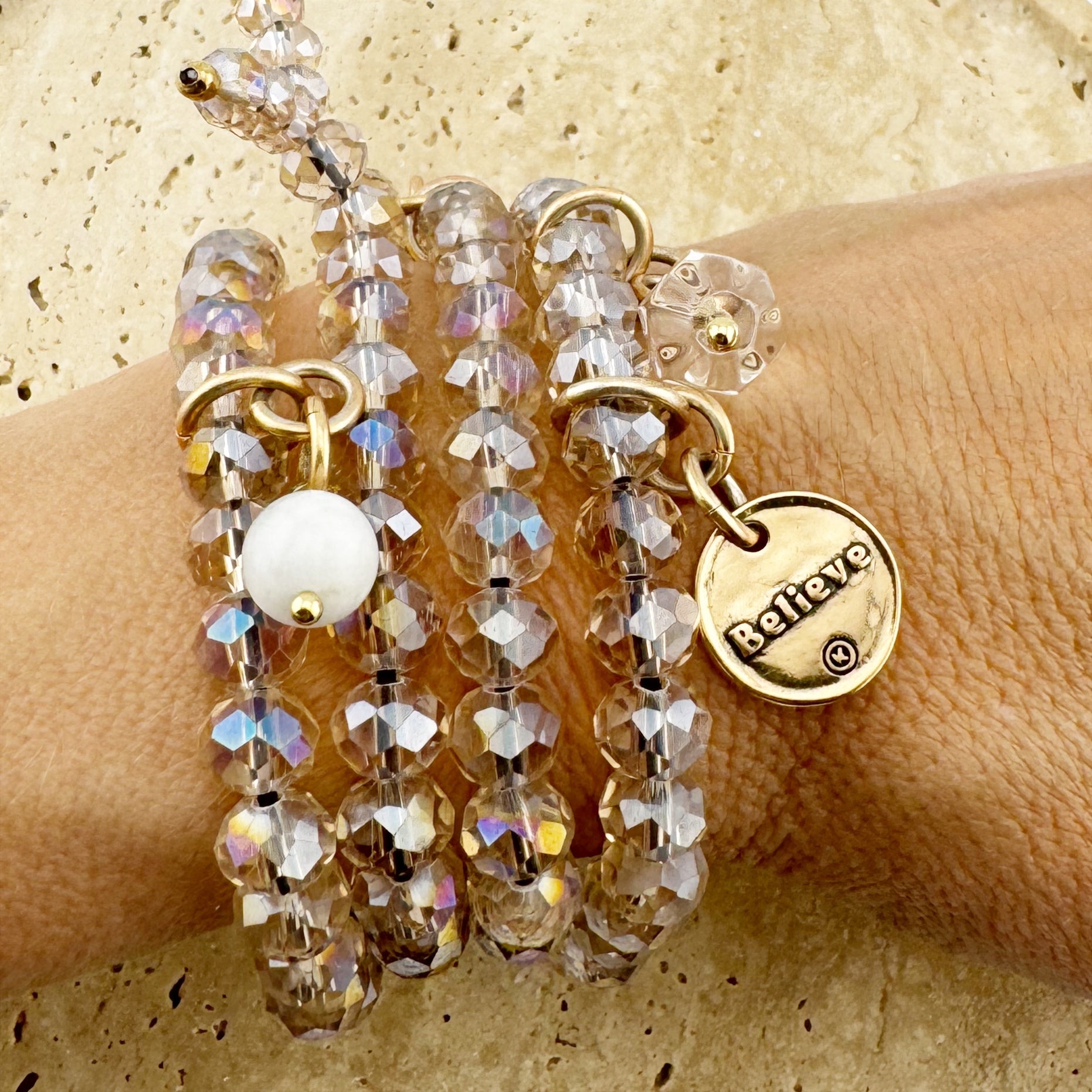 Katia Designs Believe Heart crystal boho wrap bracelet and necklace with heart-shaped crystal pendant, featuring bohemian style.