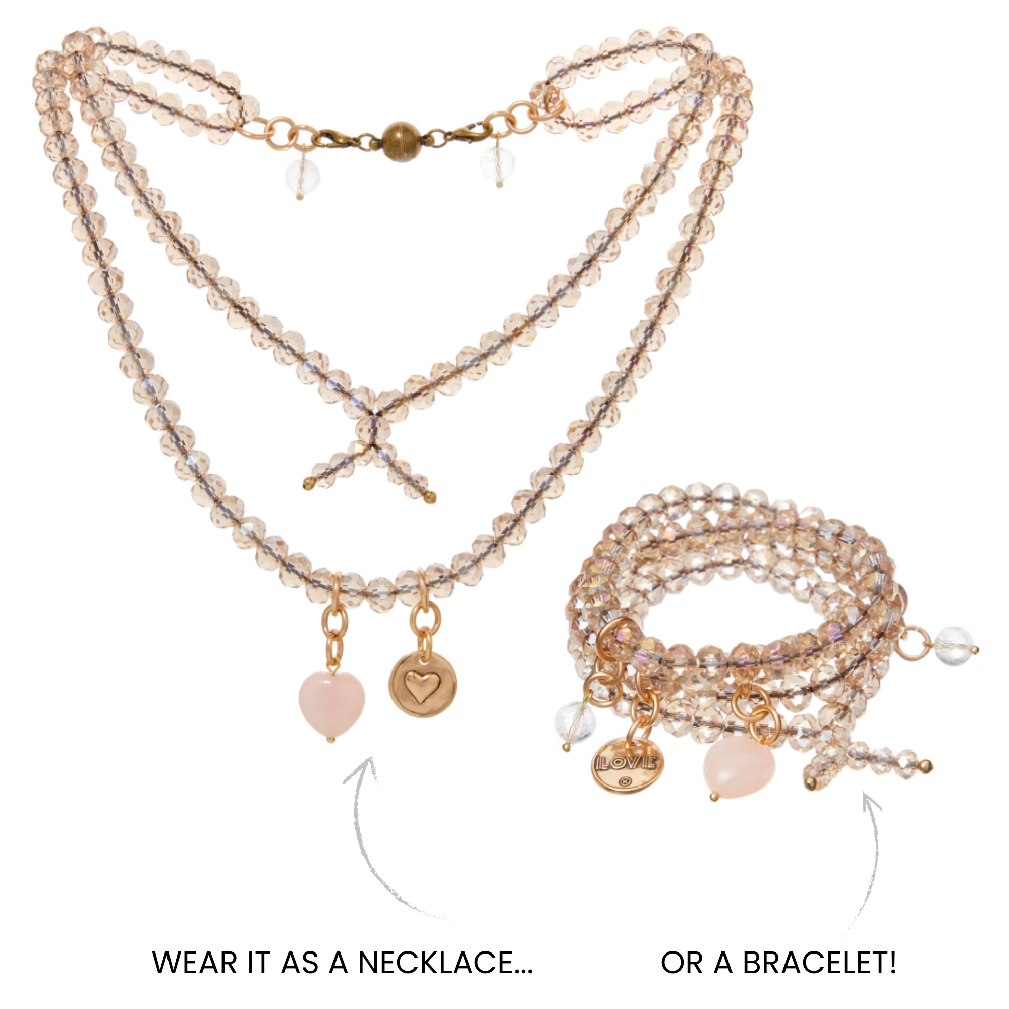 Katia Designs crystal boho love heart wrap bracelet and necklace with sparkling crystals and adjustable design.