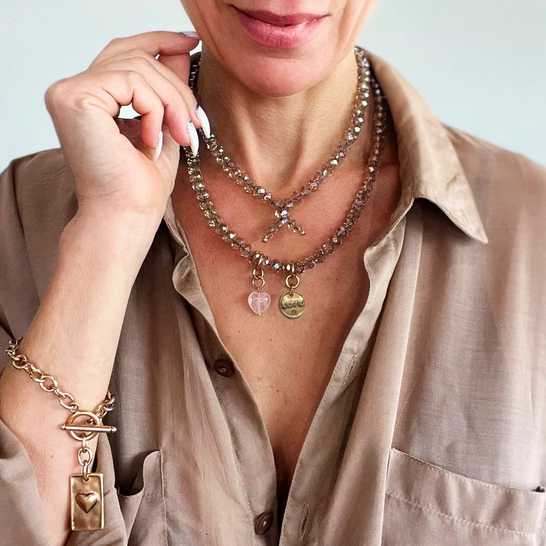 Katia Designs crystal boho love heart wrap bracelet and necklace with sparkling crystal accents and adjustable design.