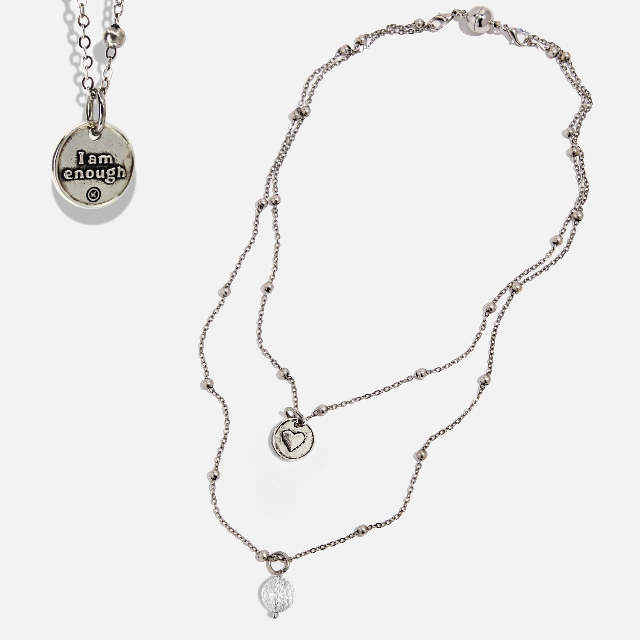 Dainty antique gold necklace with black lip pearl and "I Am Enough" heart charm by Katia Designs