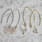 Katia Designs small stone drop earrings with antique gold finish and crystal quartz accents, elegant jewelry for women