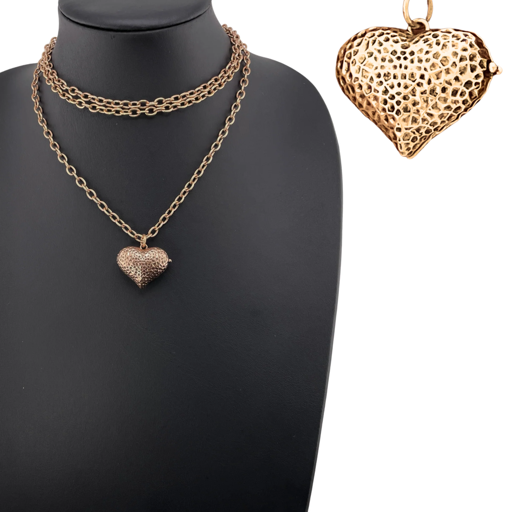 Katia Designs antique gold Follow Your Heart heart locket essential necklace hanging on a chain with engraved details