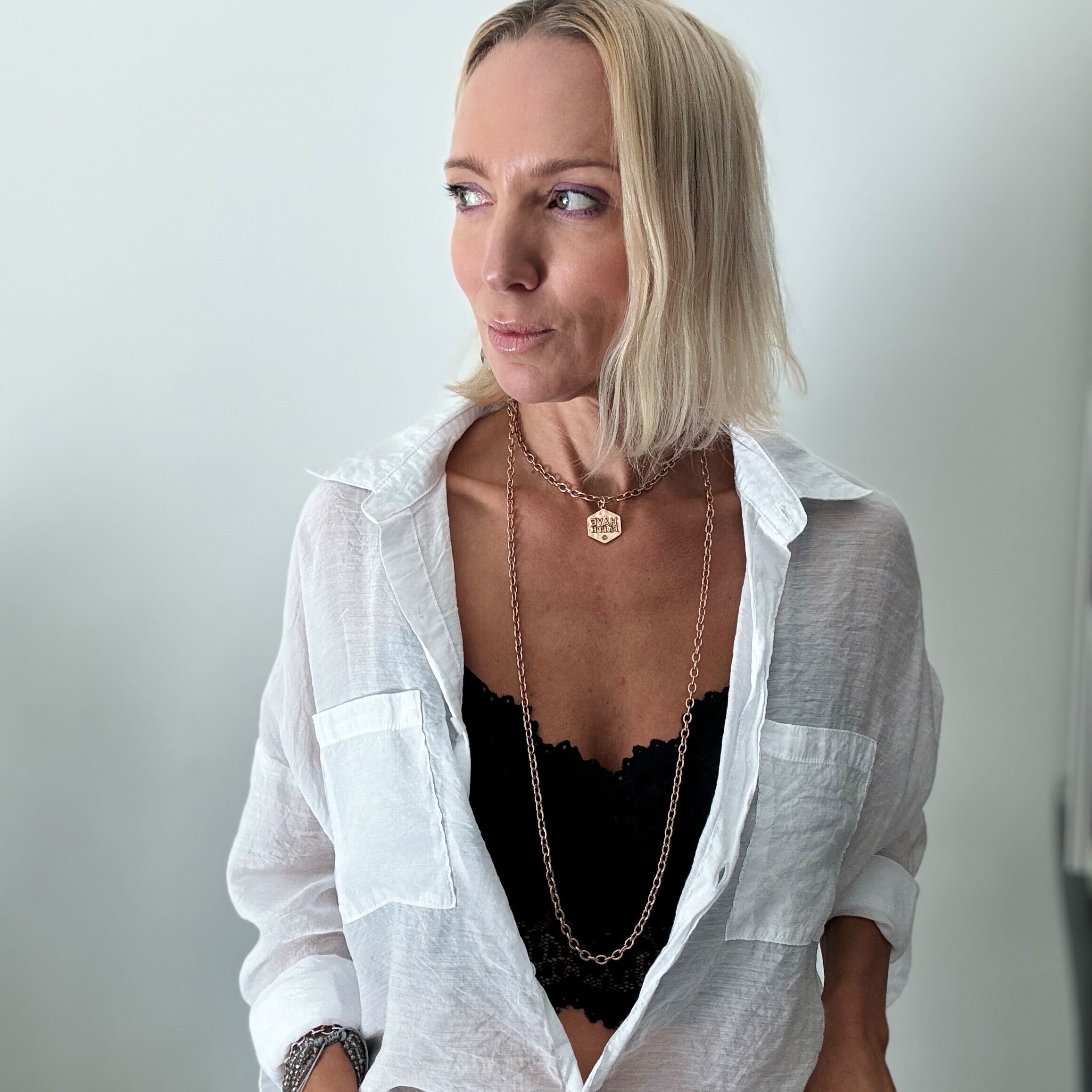 Katia Designs Have Faith Essential Necklace in antique gold with a faith-themed pendant, stylish jewelry accessory.