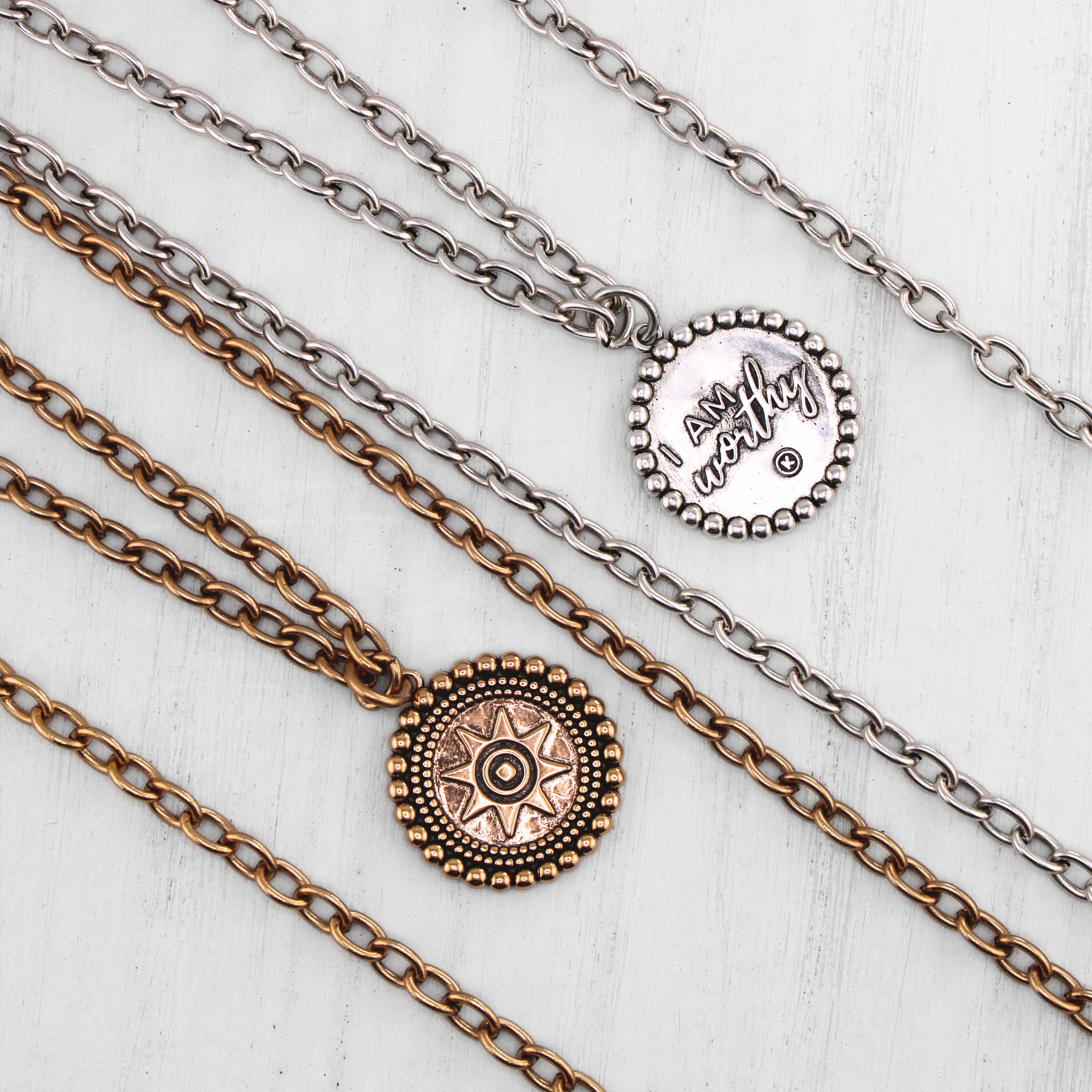 Katia Designs I Am Worthy Sun Essential Necklace in antique gold with sun pendant, elegant jewelry for meaningful style.