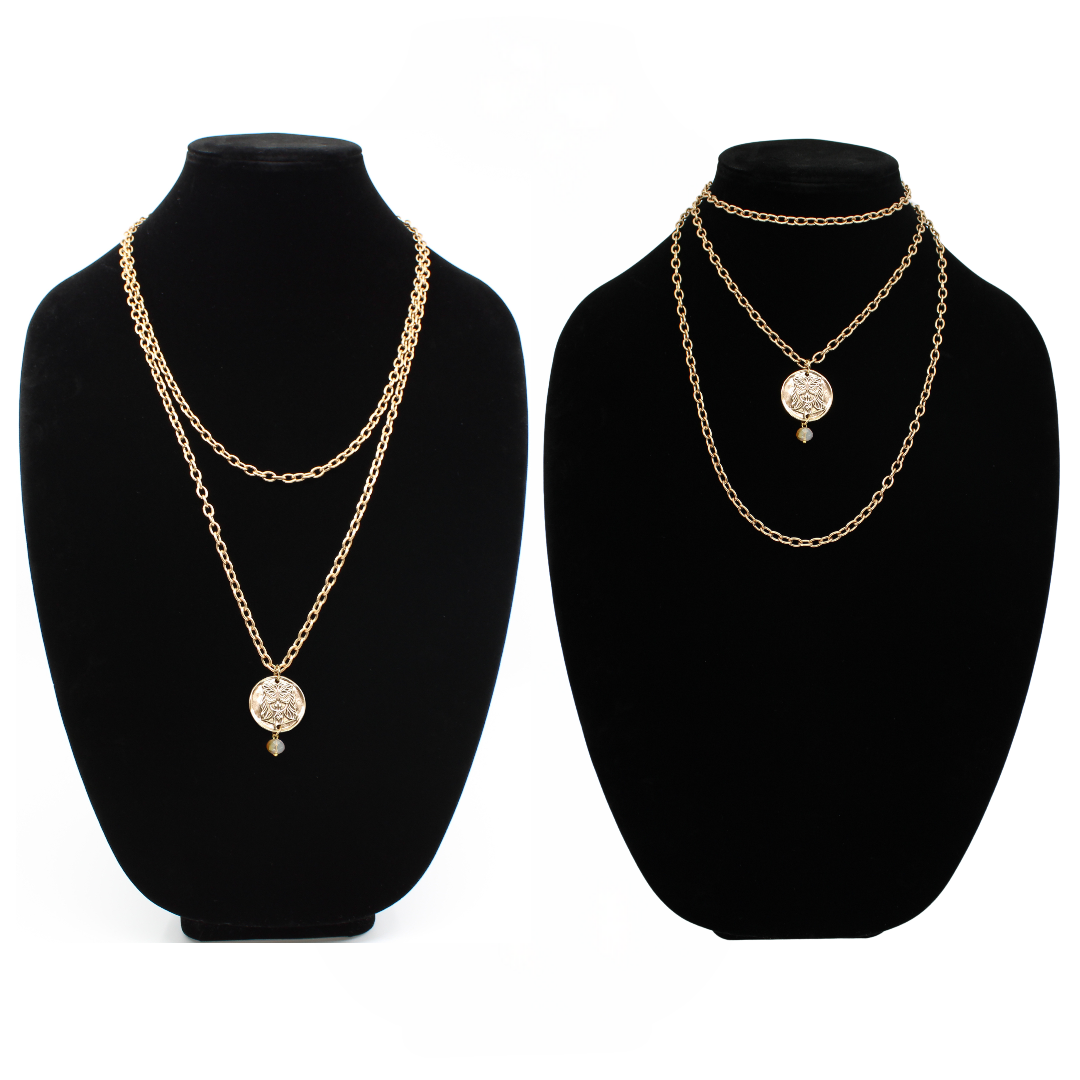 Katia Designs Listen Madame Butterfly Essential Necklace in antique gold with delicate butterfly pendant on a matching chain.