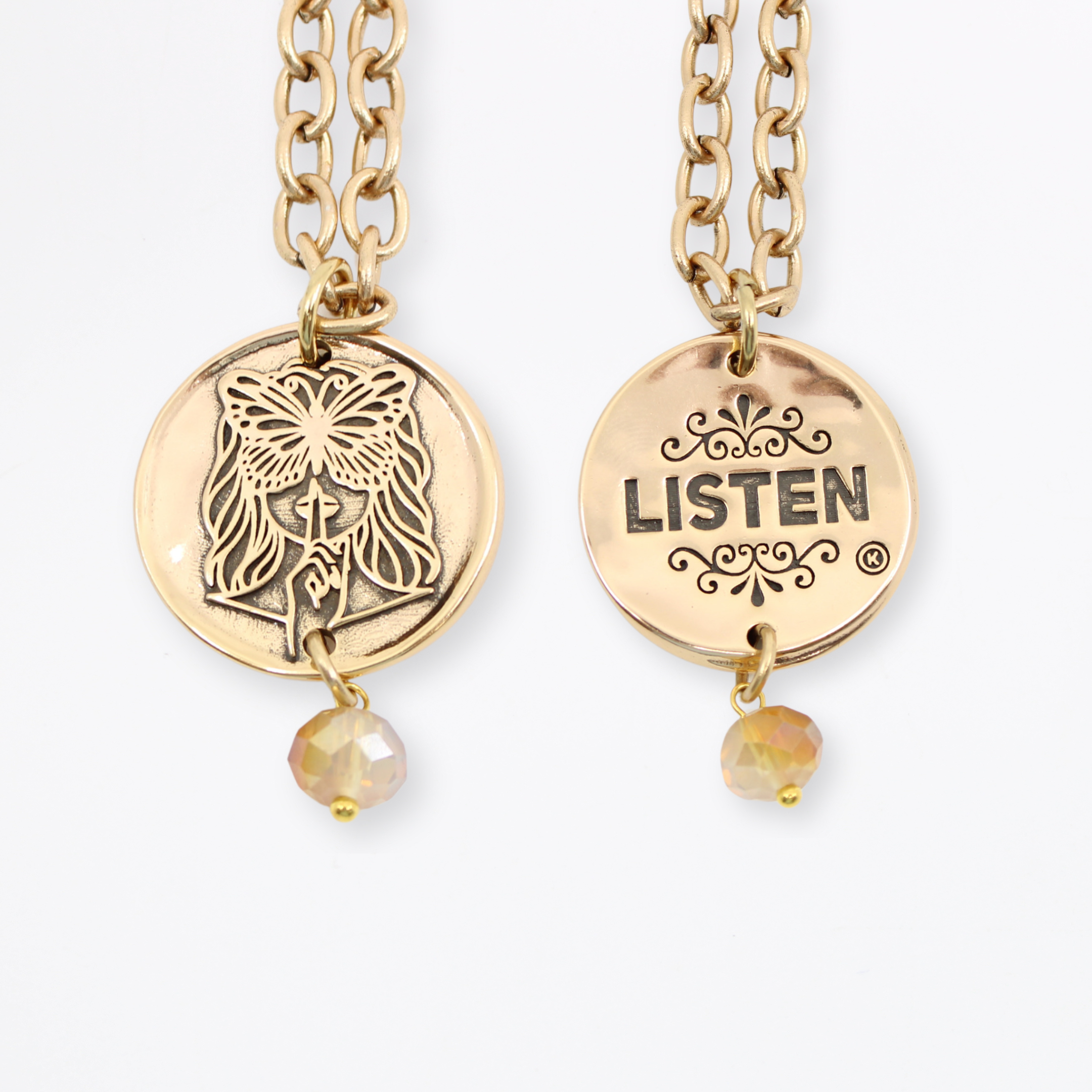 Katia Designs Listen Madame Butterfly Essential Necklace in antique gold with delicate butterfly pendant on a chain