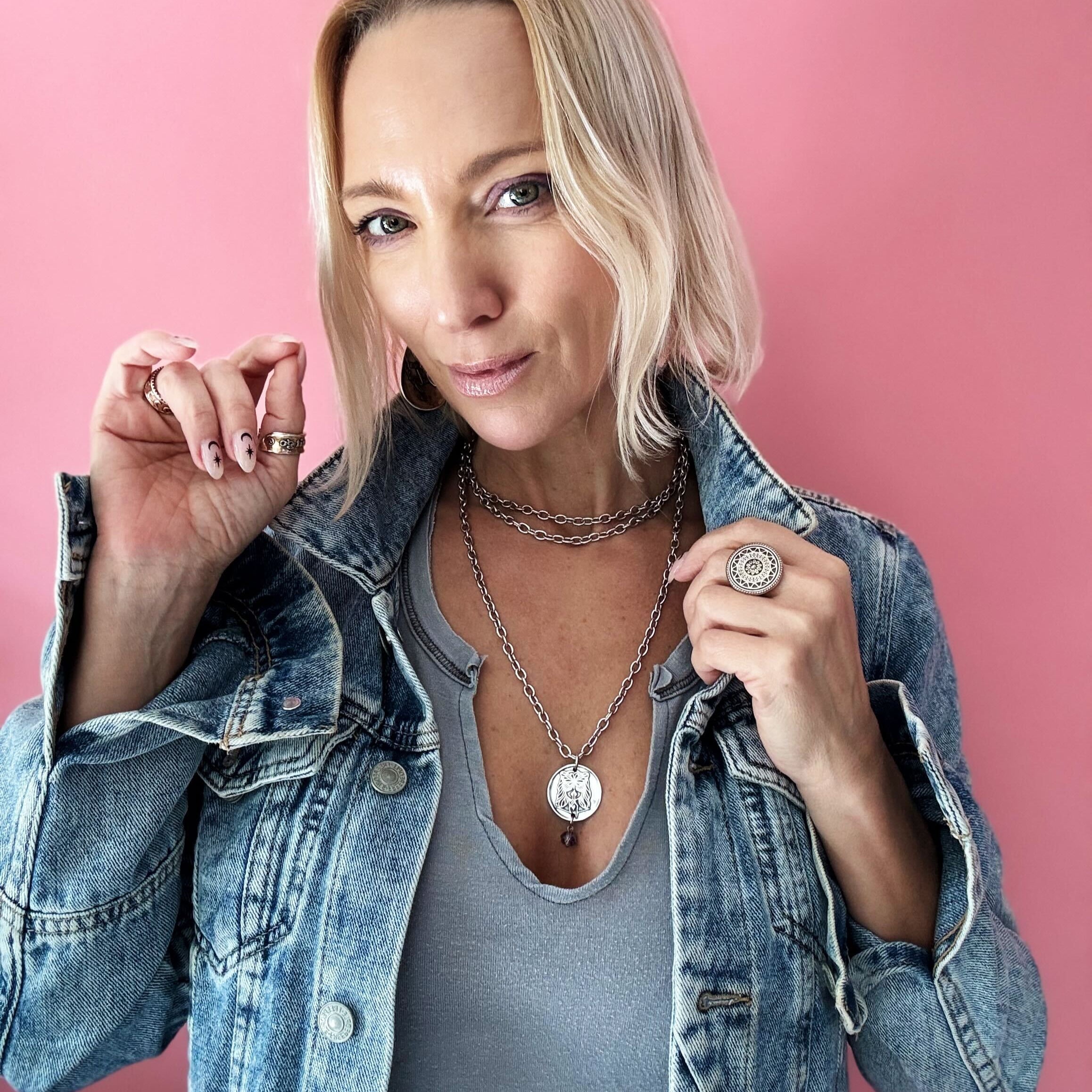 Katia Designs Listen Madame Butterfly Essential Necklace in antique gold, featuring elegant butterfly pendant and delicate chain.