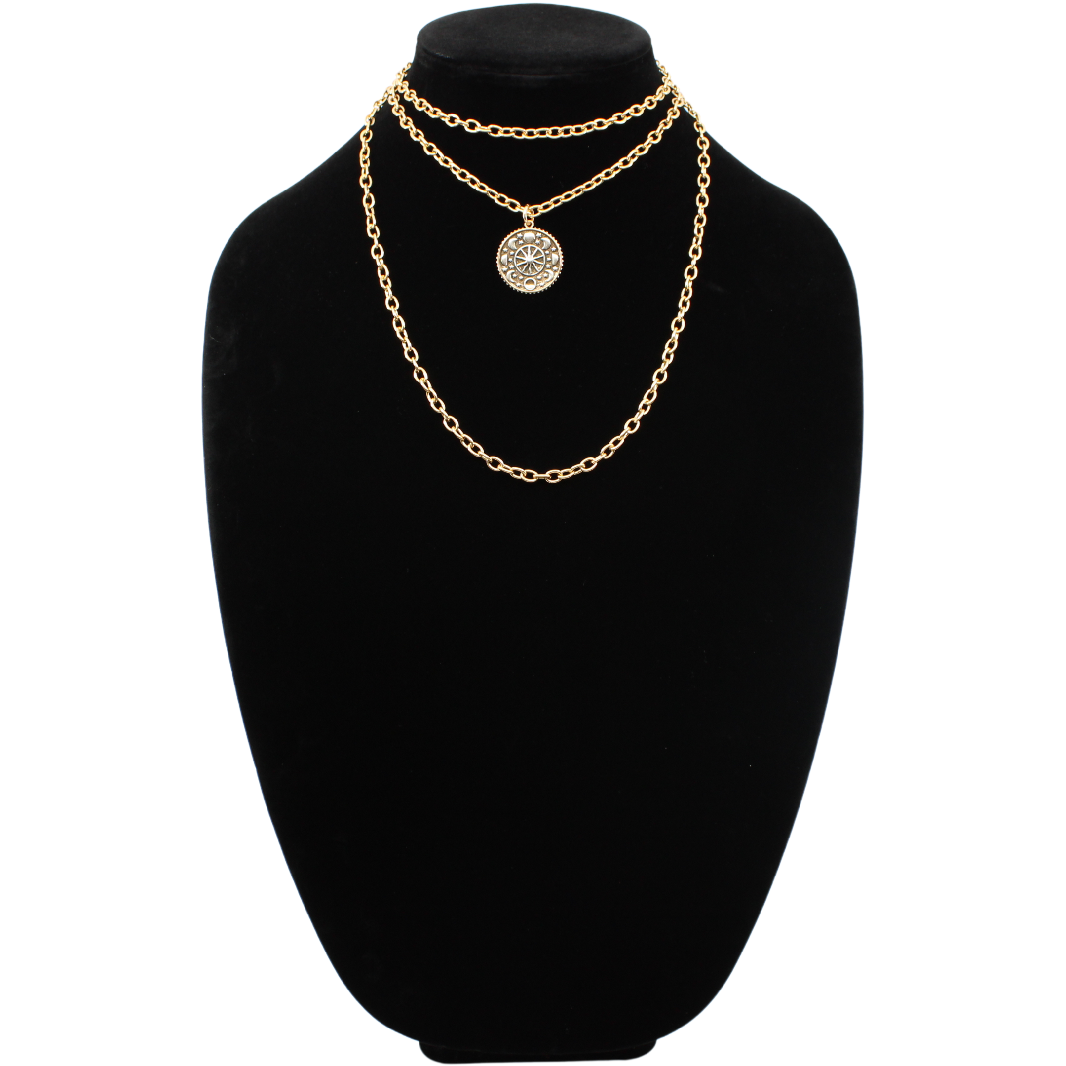 Katia Designs Moon Phase Essential Necklace in antique gold with celestial moon phase pendant on a delicate chain.