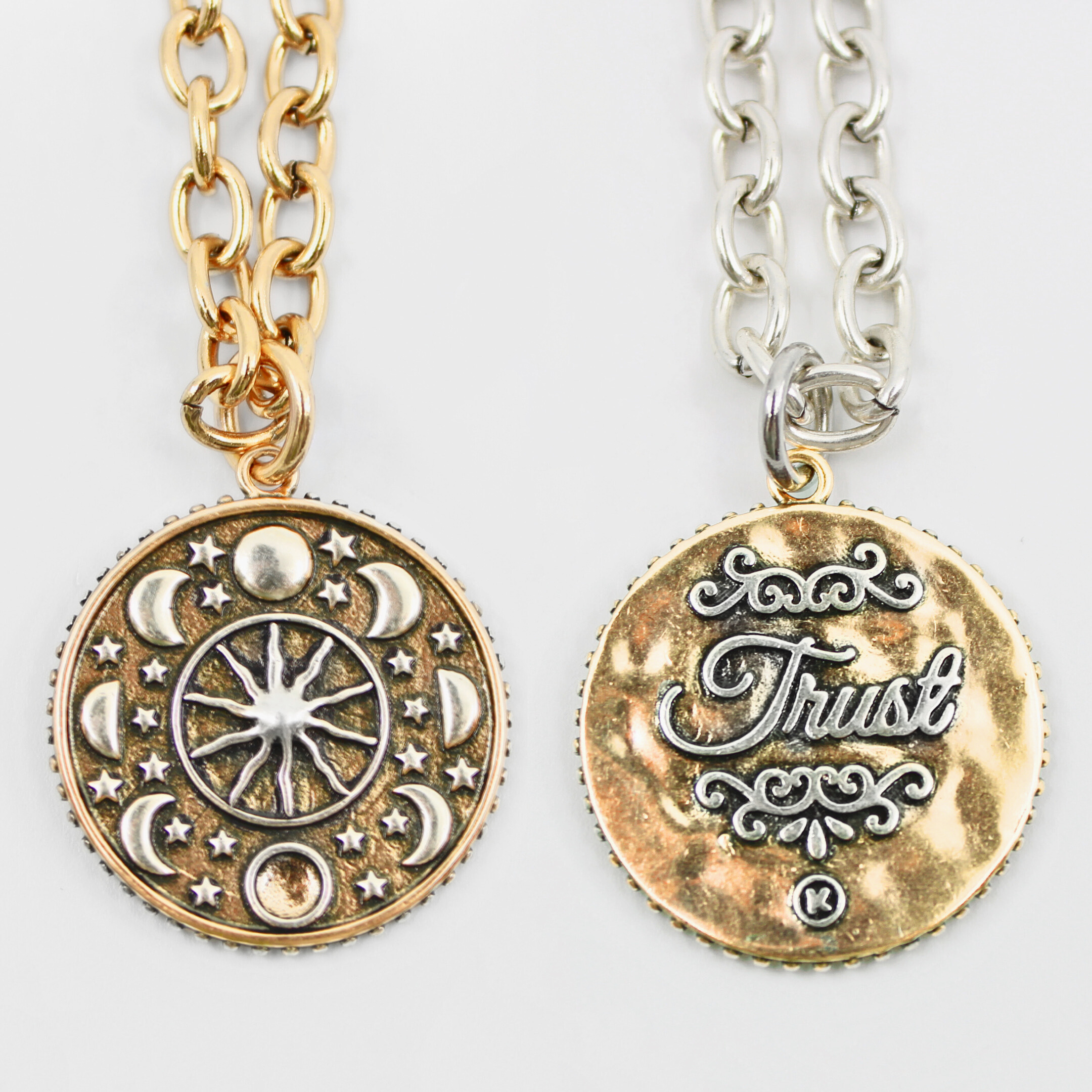 Katia Designs Trust Moon Phase Essential Necklace in antique gold featuring a moon phase pendant on a delicate chain