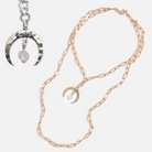 Katia Designs antique gold crescent moon klink necklace with grateful inscription, featuring a delicate moon pendant.