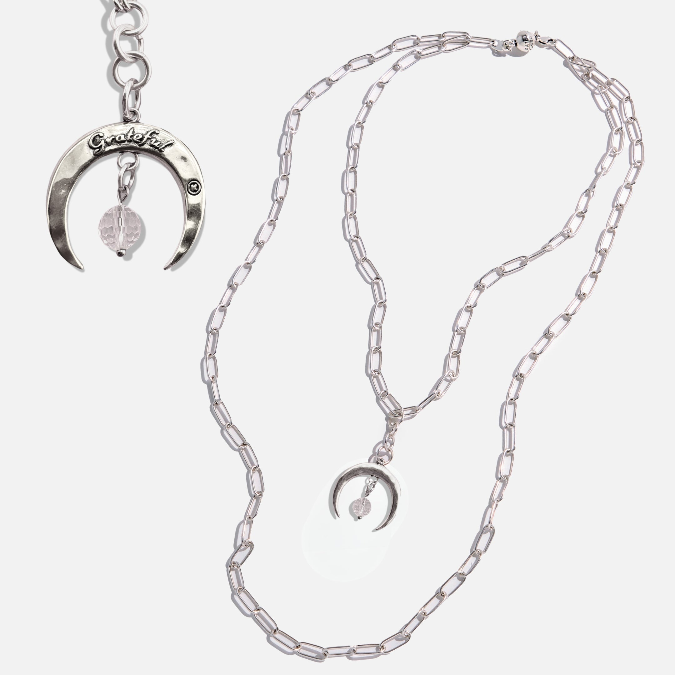 Katia Designs antique gold crescent moon klink necklace with grateful pendant, stylish jewelry accessory for women