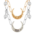 Katia Designs light antique gold crescent moon long chain necklace with delicate pendant and adjustable chain for feminine style.