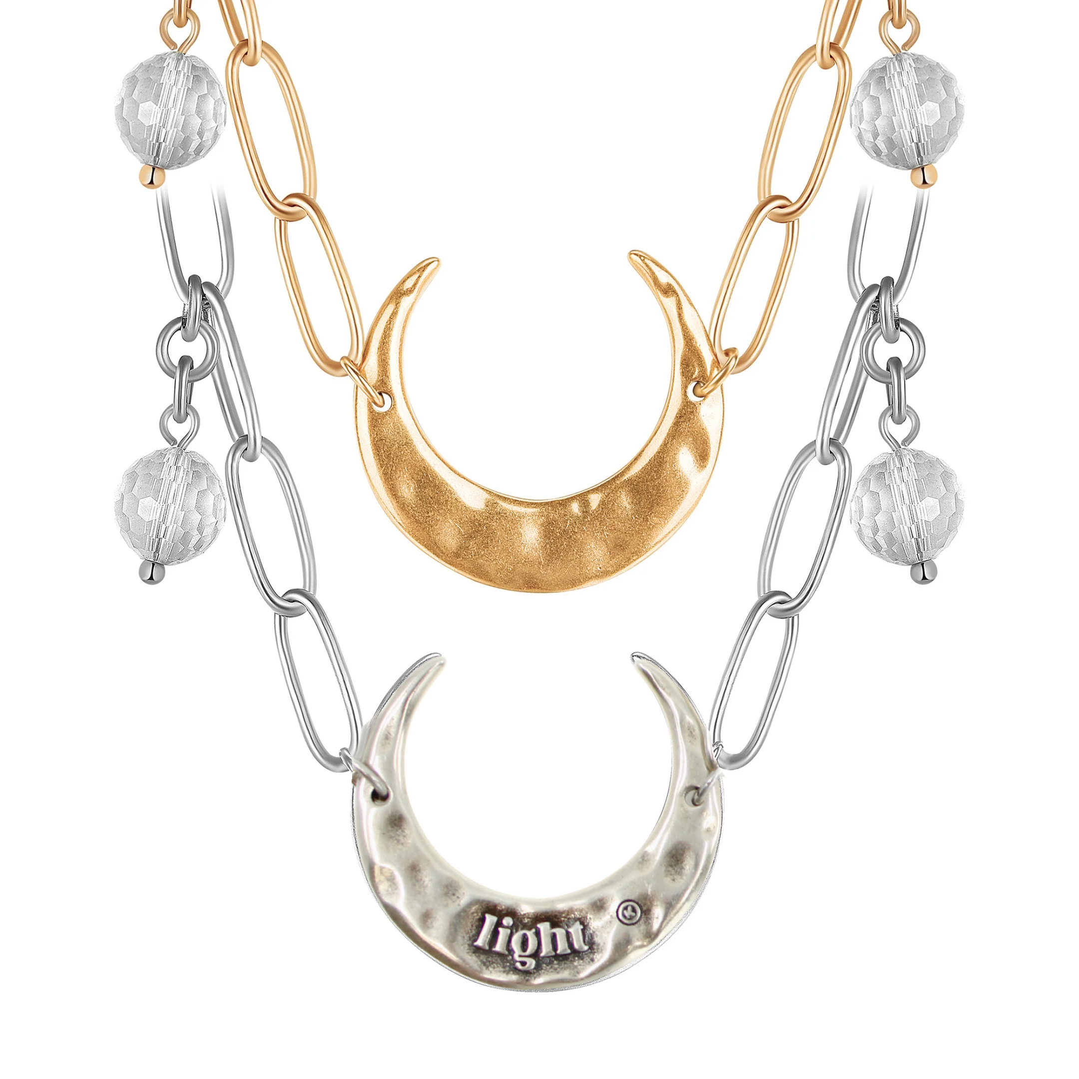 Katia Designs light antique gold crescent moon long chain necklace with delicate pendant and adjustable chain for feminine style.