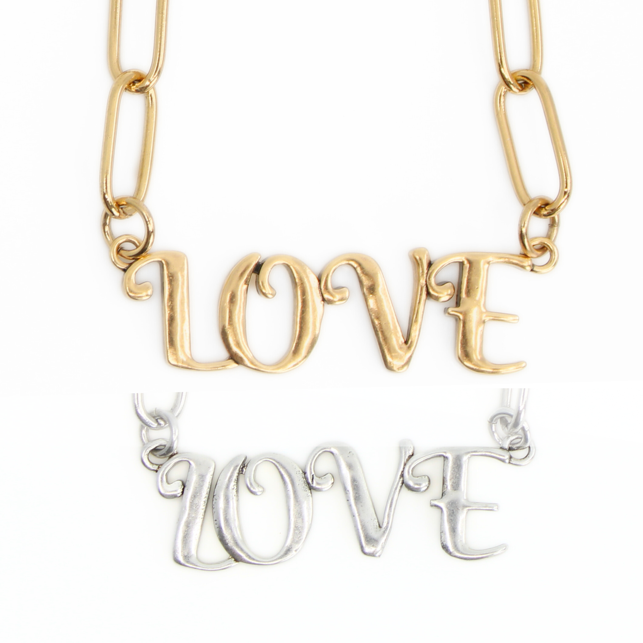 Katia Designs antique gold Love long chain necklace with intricate links and pendant, elegant jewelry for stylish occasions.