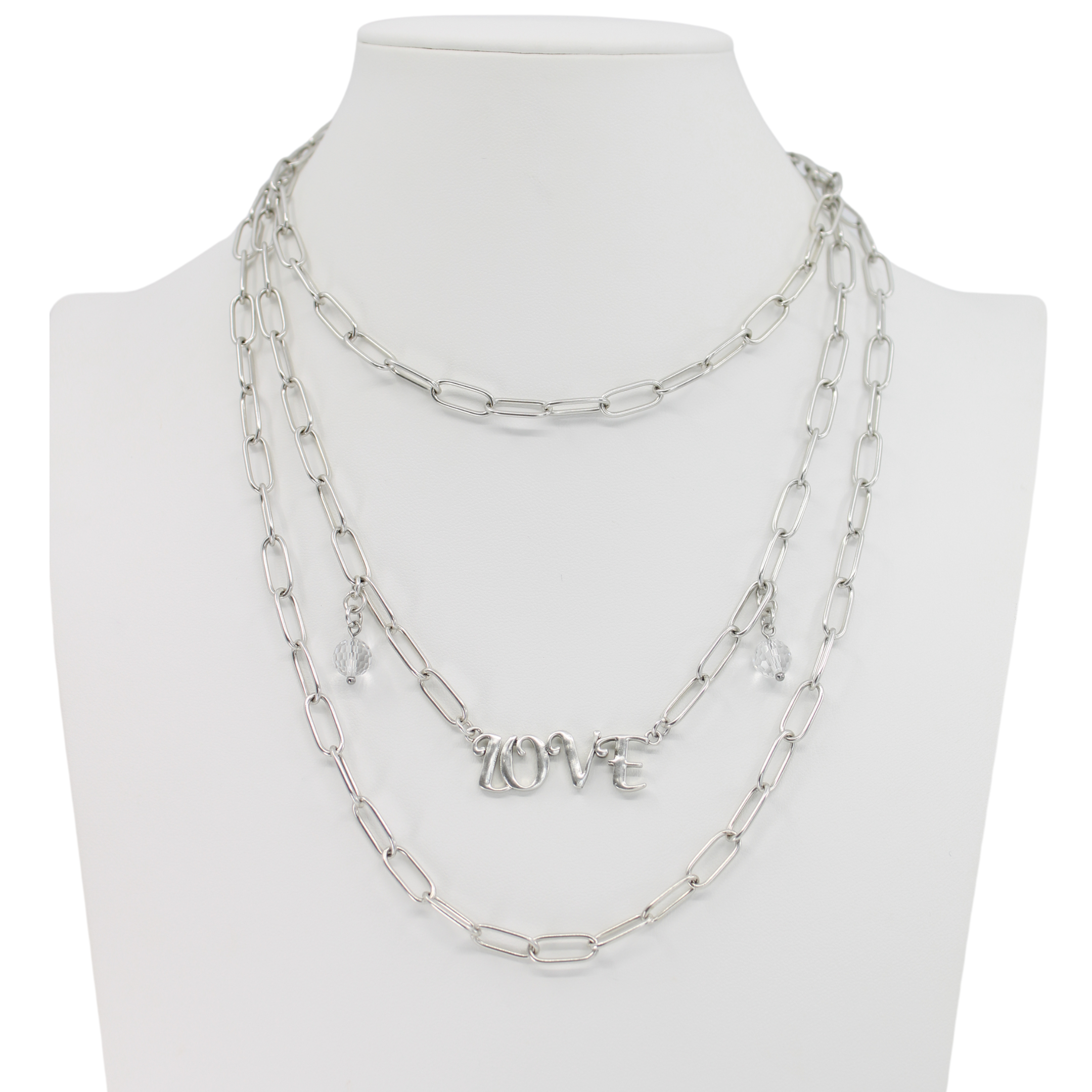 Katia Designs antique gold Love long chain necklace with intricate pendant and textured links, elegant jewelry accessory.