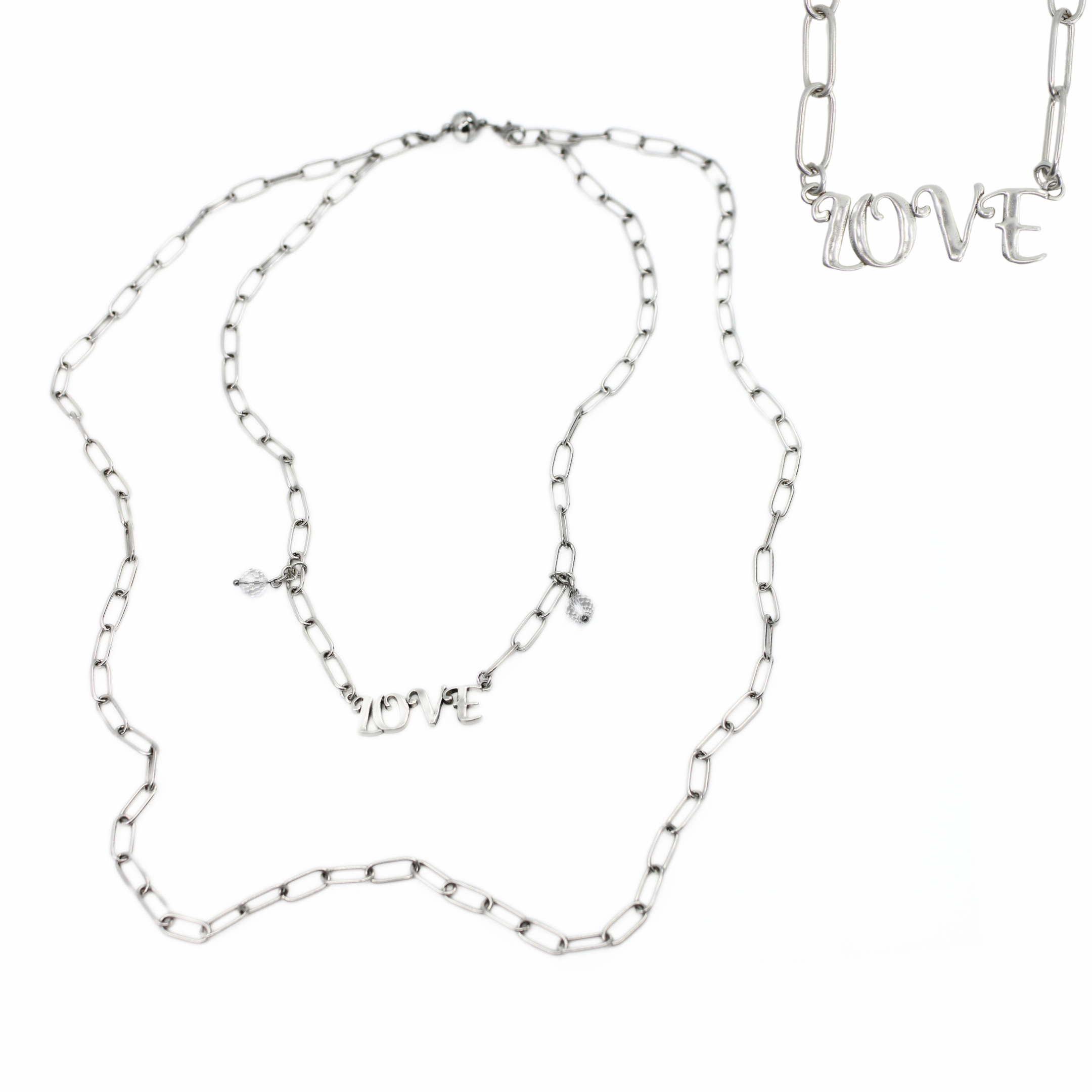 Antique gold long chain necklace by Katia Designs featuring a delicate love pendant, styled with casual and elegant outfits.