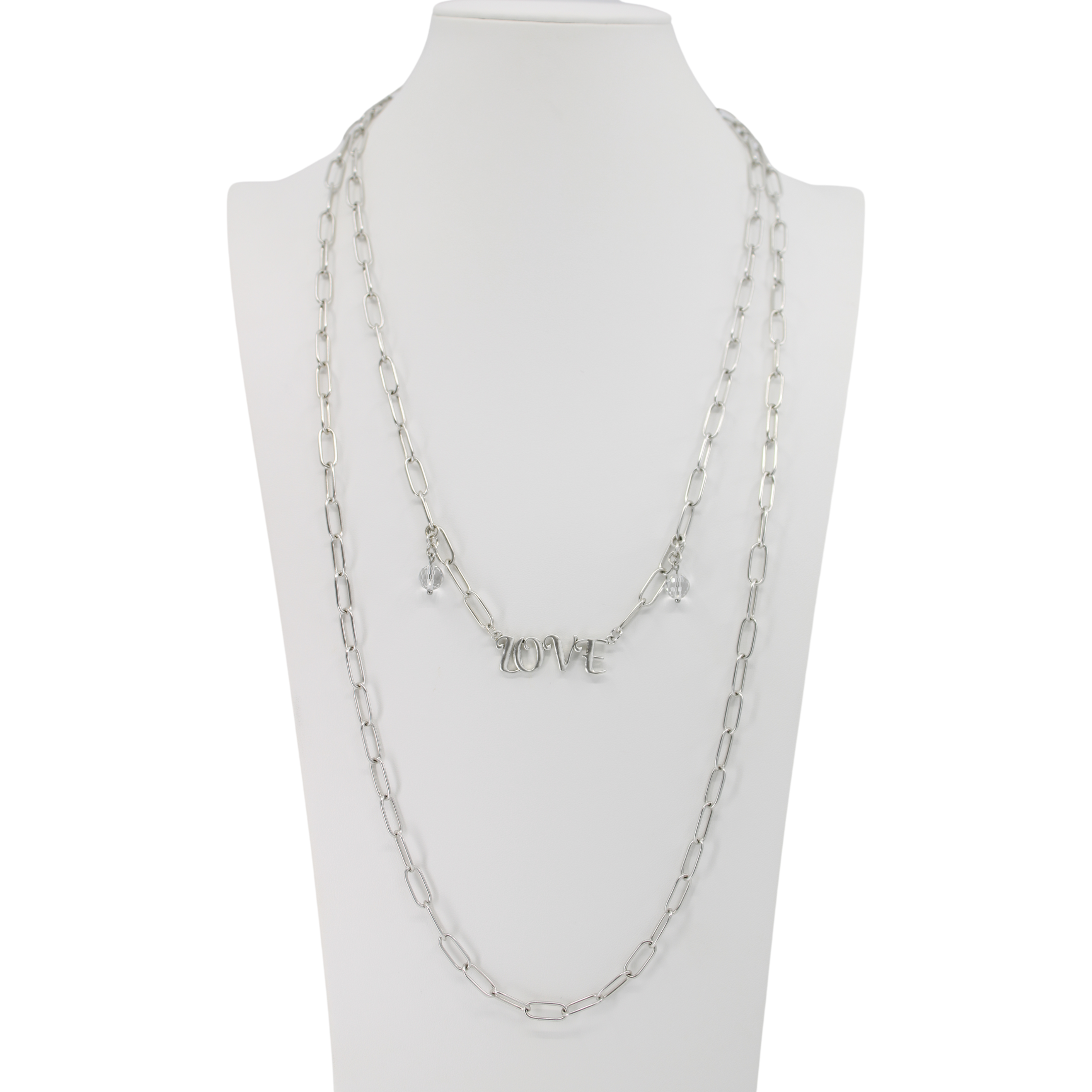 Long gold chain necklace with love pendant by Katia Designs, featuring an antique finish and elegant design.