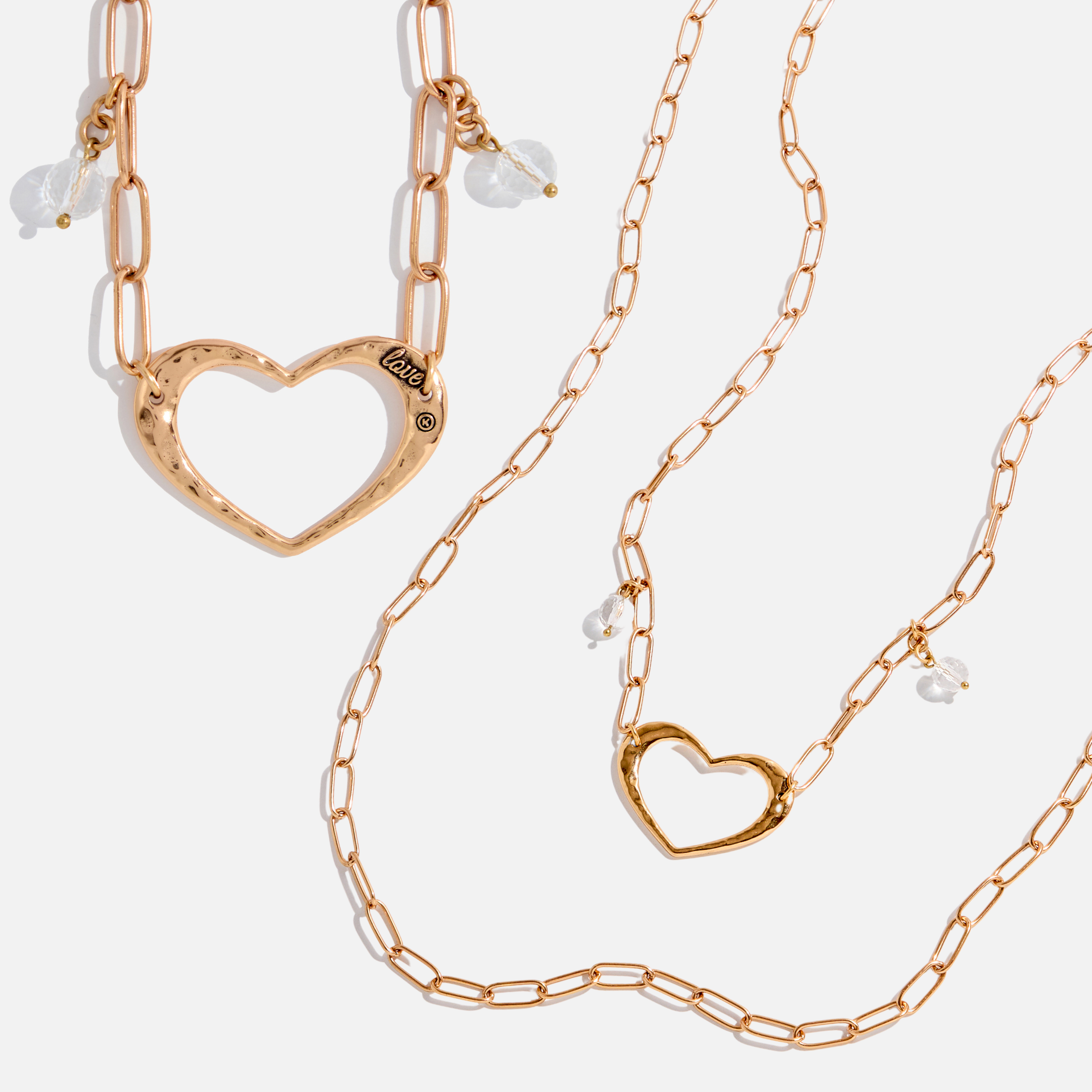 Katia Designs antique gold long chain necklace with open heart pendant, stylish jewelry accessory for women