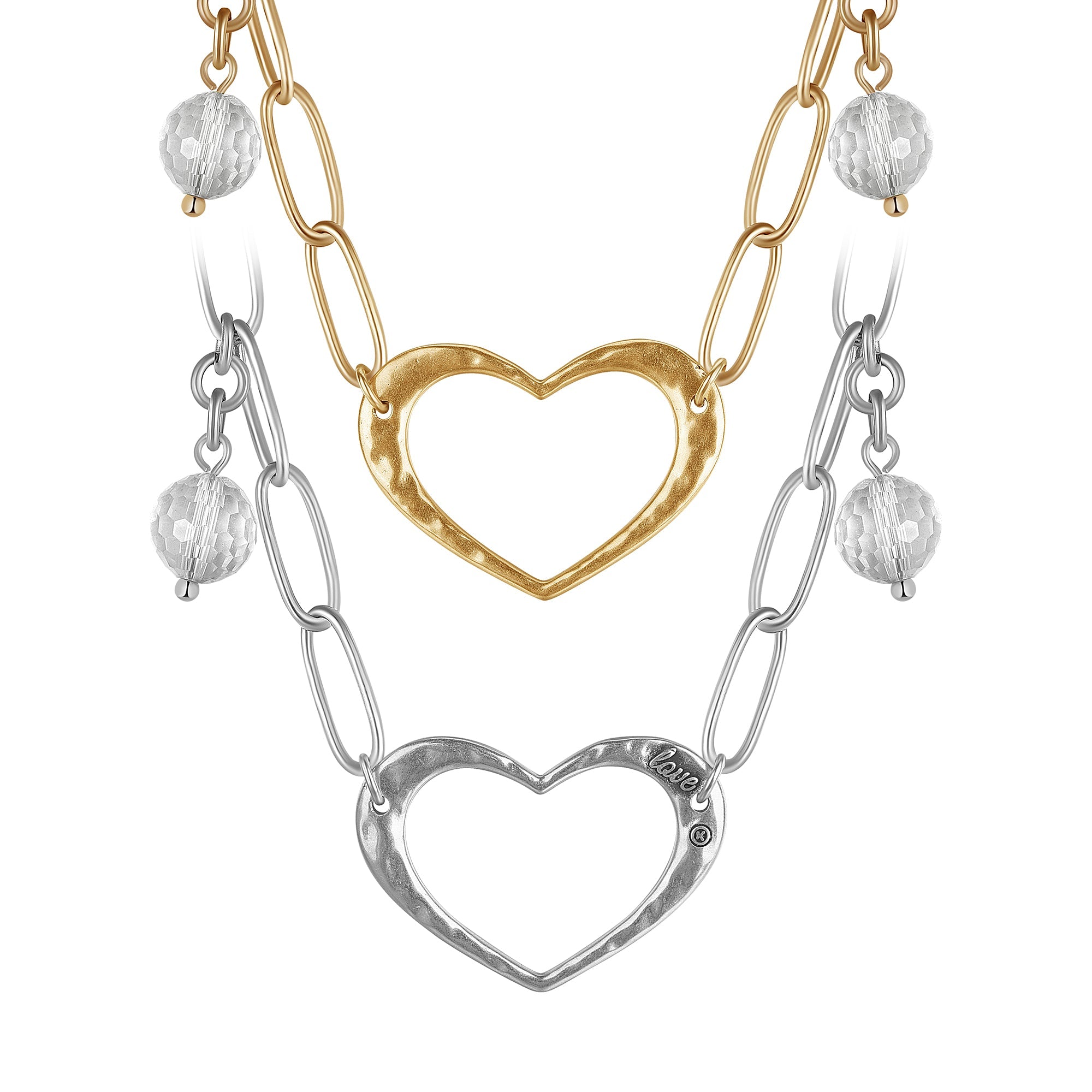 Katia Designs antique gold long chain necklace with open heart pendant, featuring a delicate and elegant design.