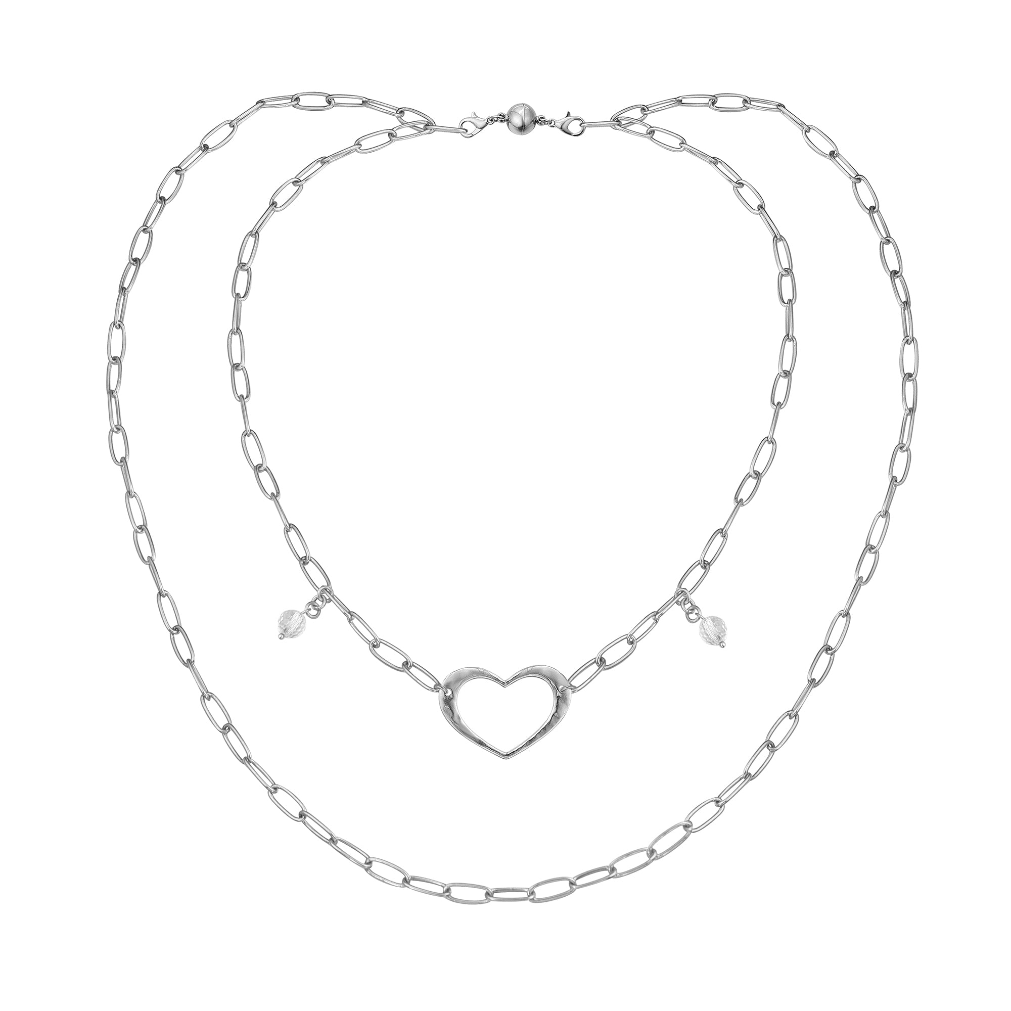 Katia Designs long chain necklace with an open heart pendant in antique gold, elegant jewelry for special occasions.