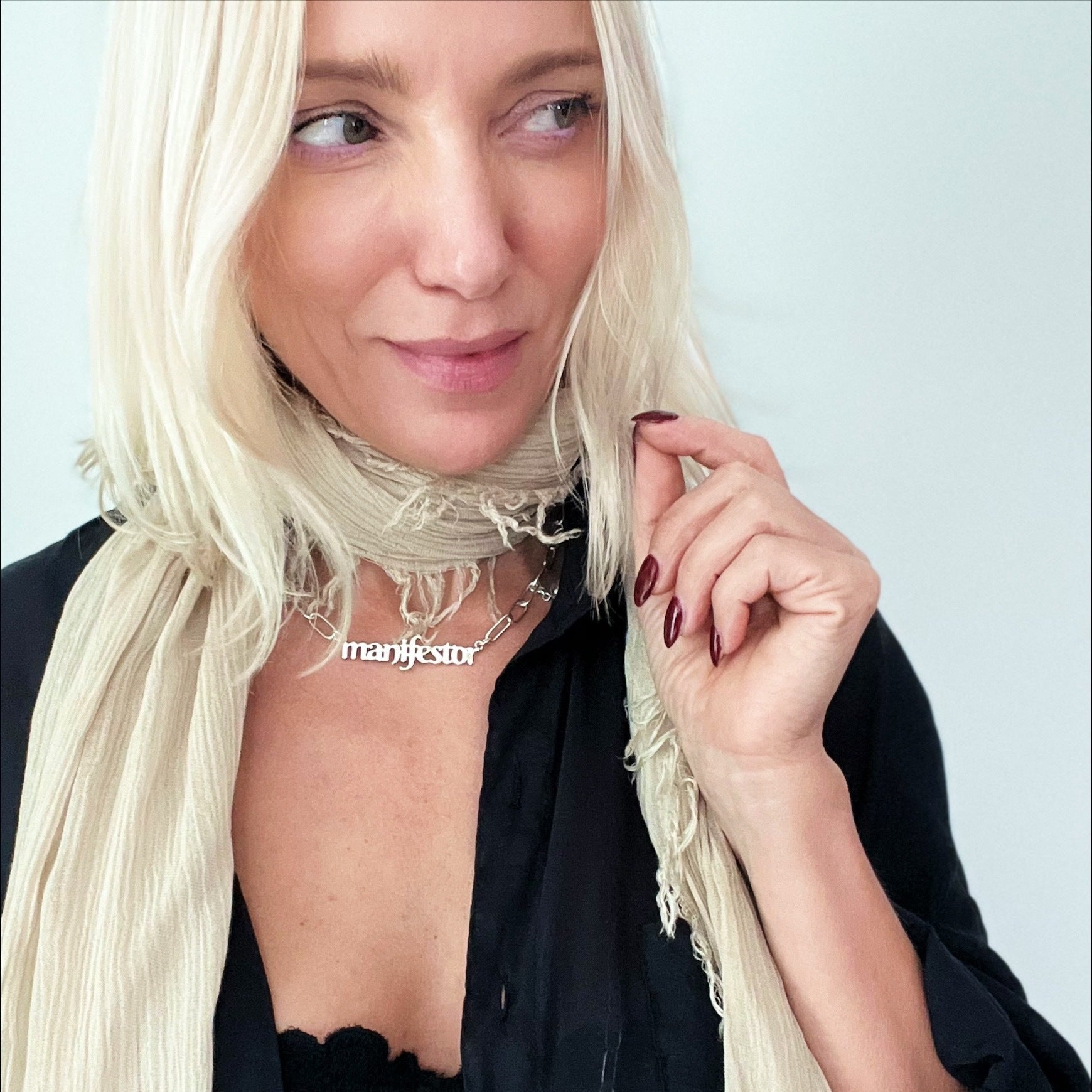 Katia Designs Manifestor long chain necklace in antique gold with intricate links and elegant style.