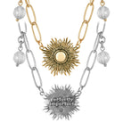 Katia Designs antique gold starburst long chain necklace with imperfect, handcrafted details, showcasing a stylish boho jewelry piece.
