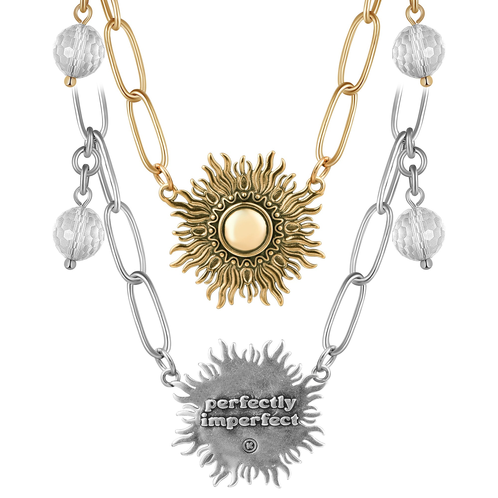 Katia Designs antique gold starburst long chain necklace with imperfect, handcrafted details, showcasing a stylish boho jewelry piece.