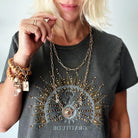 Katia Designs antique gold starburst long chain necklace with a perfectly imperfect, handcrafted design.