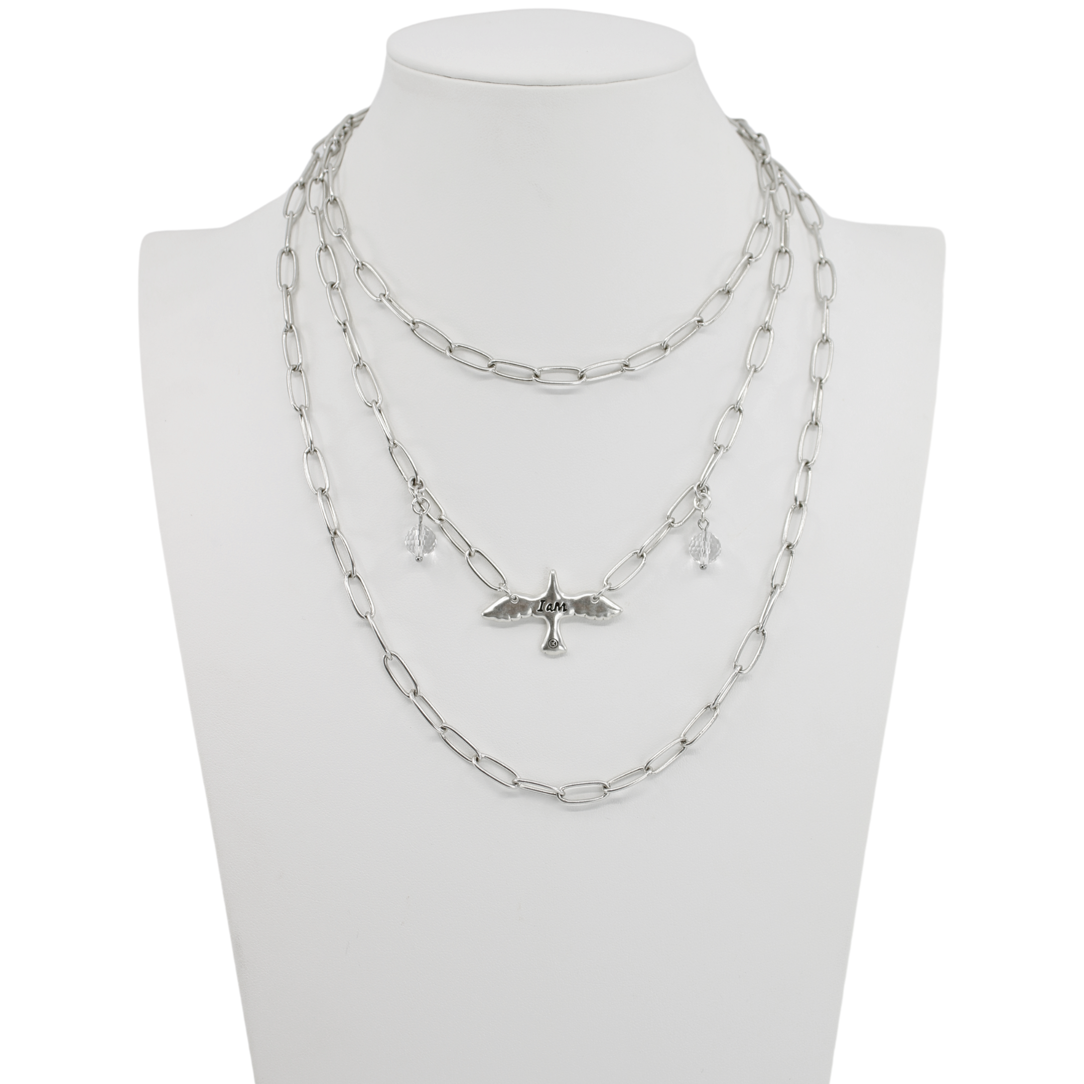 Silver I Am Bird long chain necklace by Katia Designs featuring a delicate bird pendant on a sleek, extended chain.