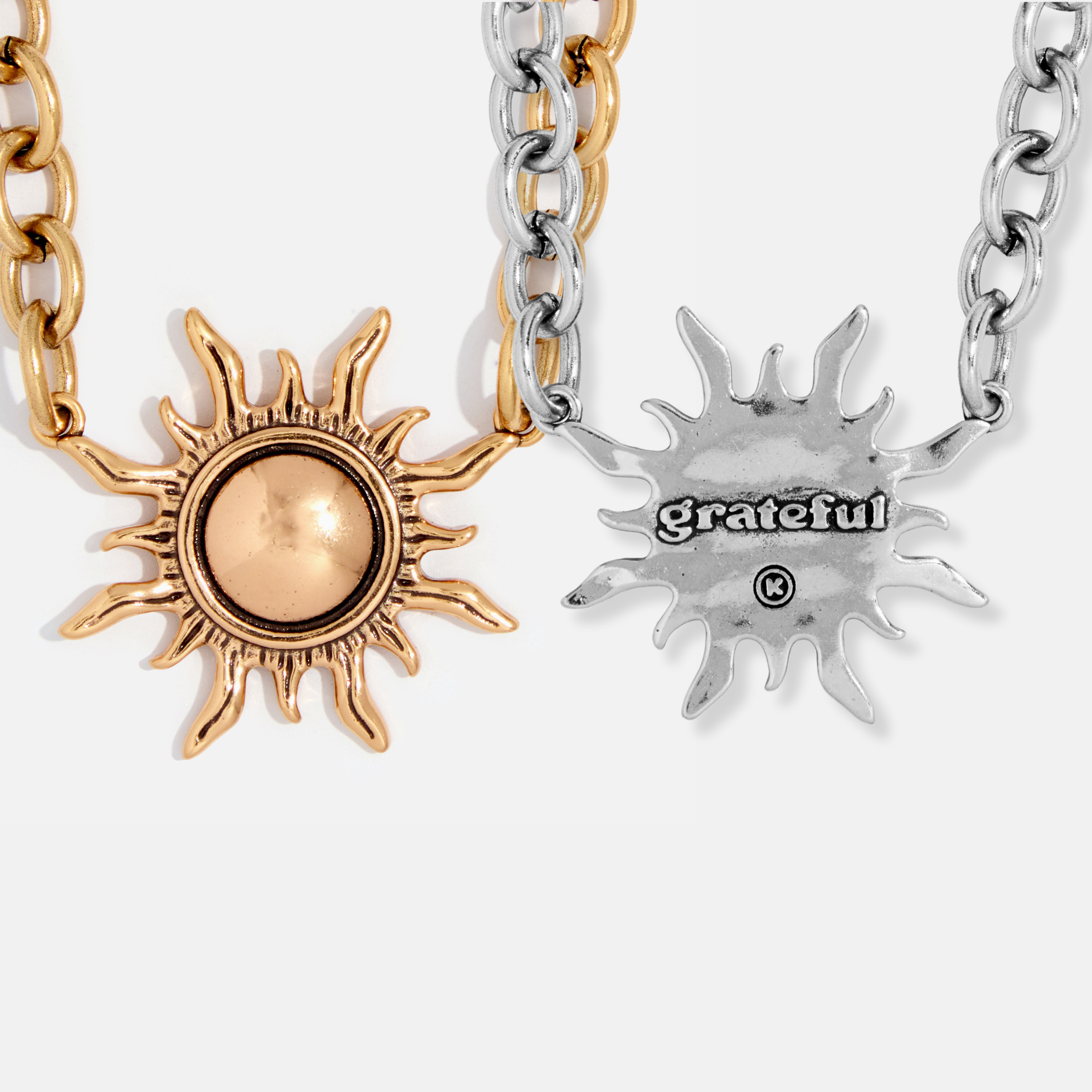 Katia Designs antique gold Grateful Sun midi choker necklace with a detailed sun pendant on a delicate chain.