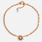 Katia Designs antique gold Grateful Sun midi choker necklace with sun motif, delicate chain, and adjustable clasp.