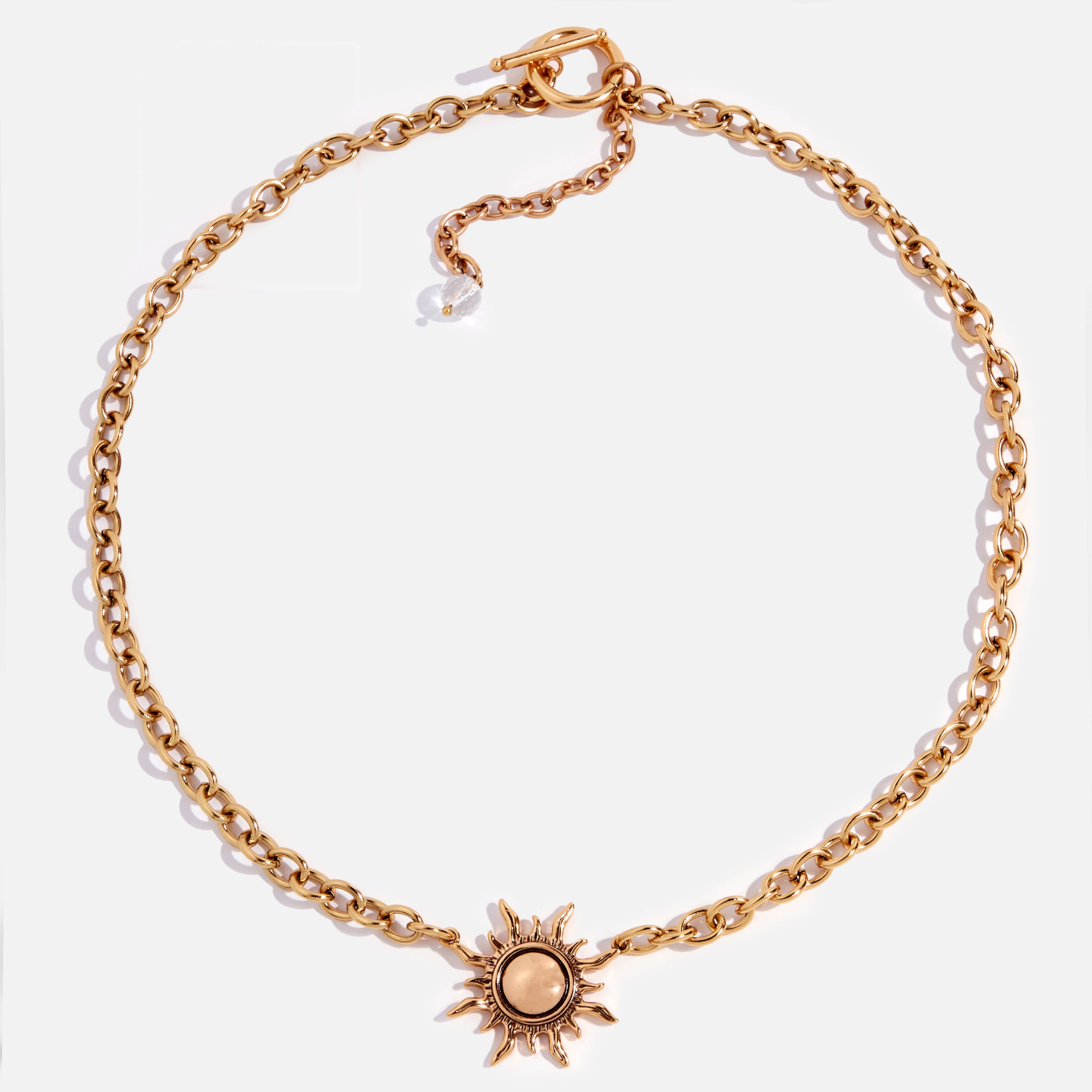 Katia Designs antique gold Grateful Sun midi choker necklace with sun motif, delicate chain, and adjustable clasp.