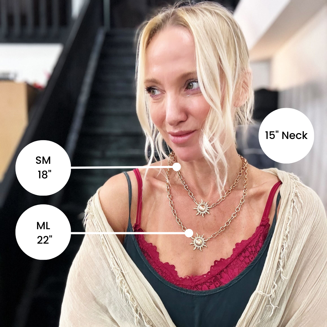 Antique gold midi choker necklace featuring a grateful sun pendant by Katia Designs, showcasing elegant boho jewelry style.