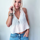 Gold original necklace by Katia Designs with a clear AB crystal charm inscribed "Remember Who the F*ck You Are" ring pendant.