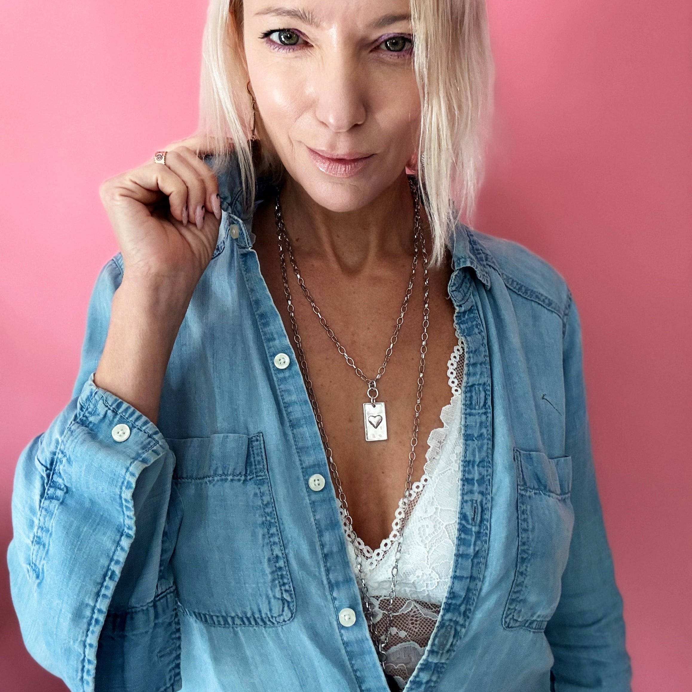 Katia Designs Breathe Original Lite Necklace with antique gold chain and aqua quartz pendant, elegant and lightweight jewelry piece.
