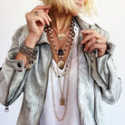Katia Designs Breathe Original Lite Necklace in antique gold with aqua quartz pendant, delicate and stylish jewelry piece.