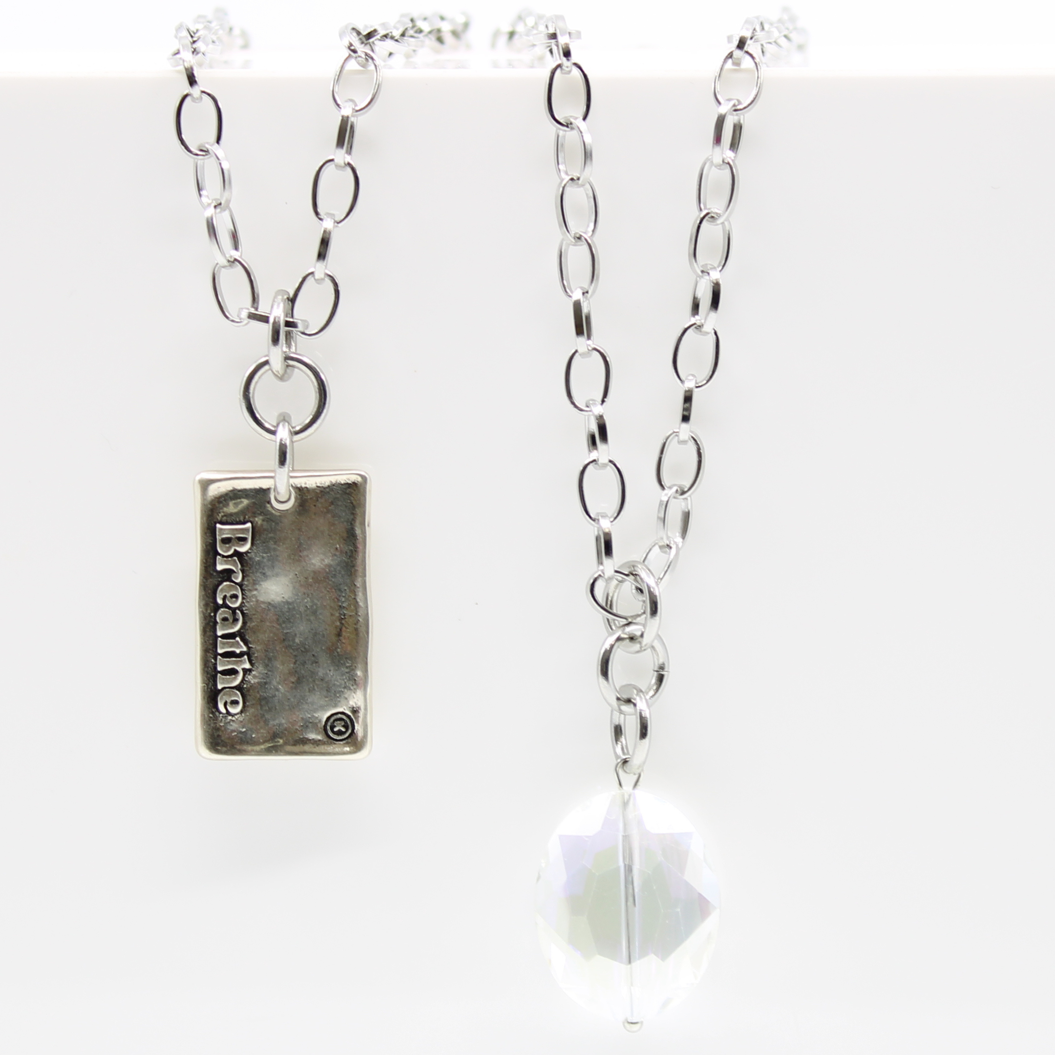 Katia Designs Breathe Original Lite Necklace with antique gold finish and aqua quartz pendant on a delicate chain
