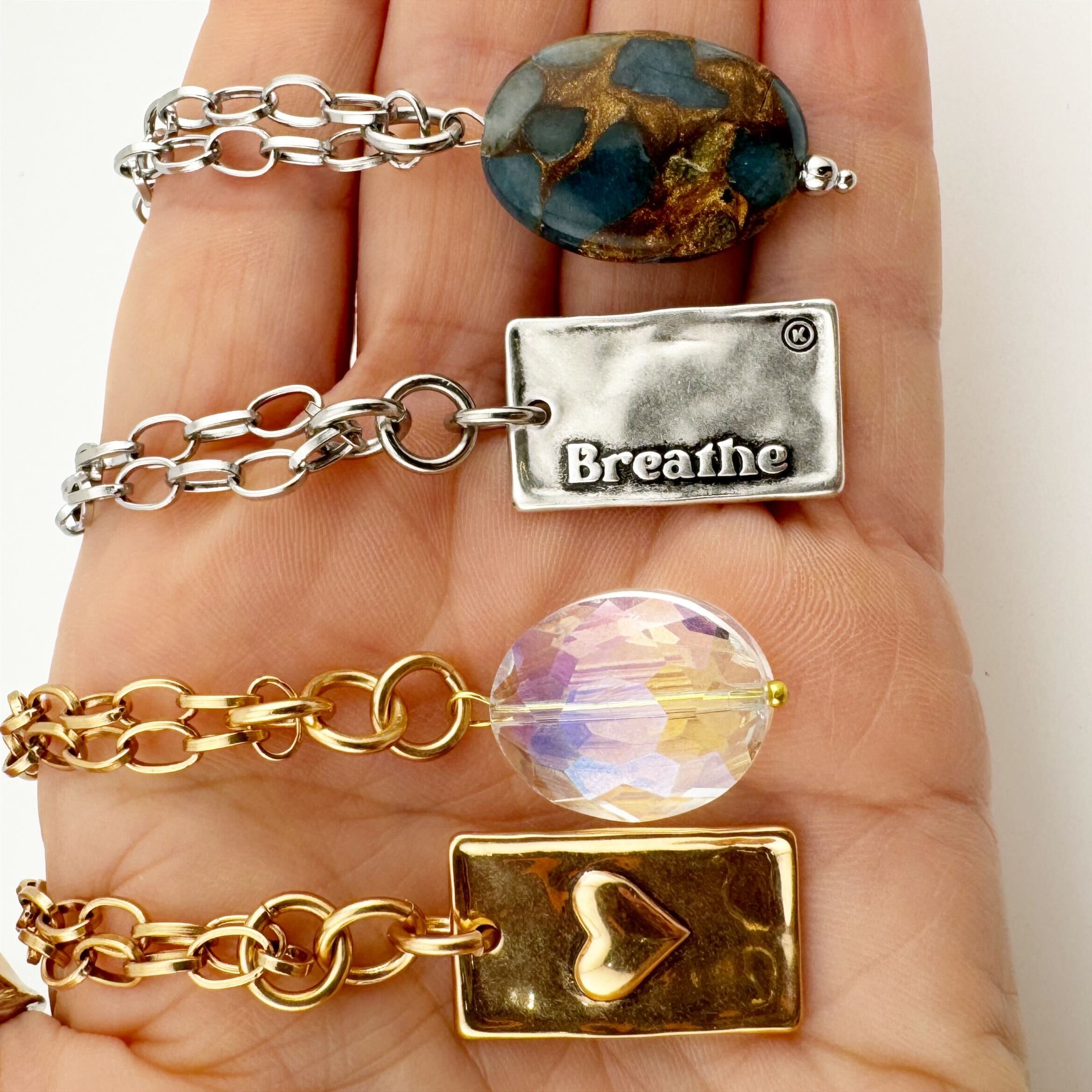 Katia Designs Breathe Original Lite Necklace with antique gold finish and aqua quartz pendant.