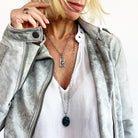 Katia Designs Breathe Original Lite Necklace with antique gold chain and aqua quartz pendant, elegant and lightweight jewelry piece.
