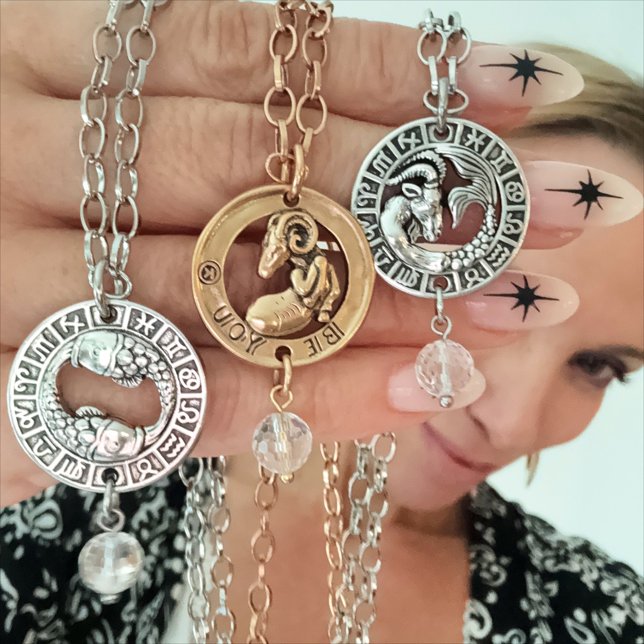 Katia Designs Be You Zodiac Original Lite Necklace in antique gold featuring Aries zodiac symbol on a delicate chain.