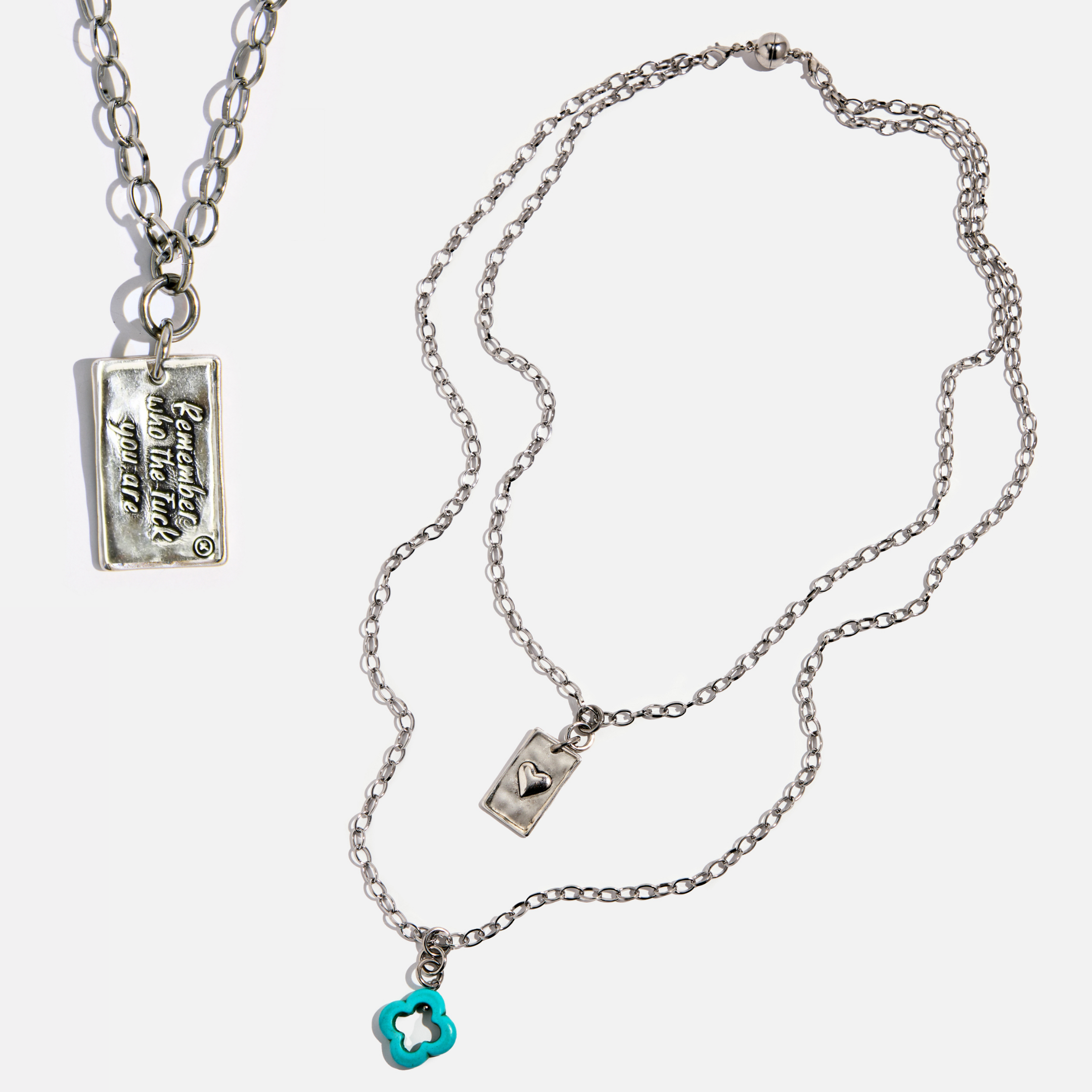 Katia Designs Remember Who the F*ck You Are Original Lite Necklace with antique gold finish and clover pendant.