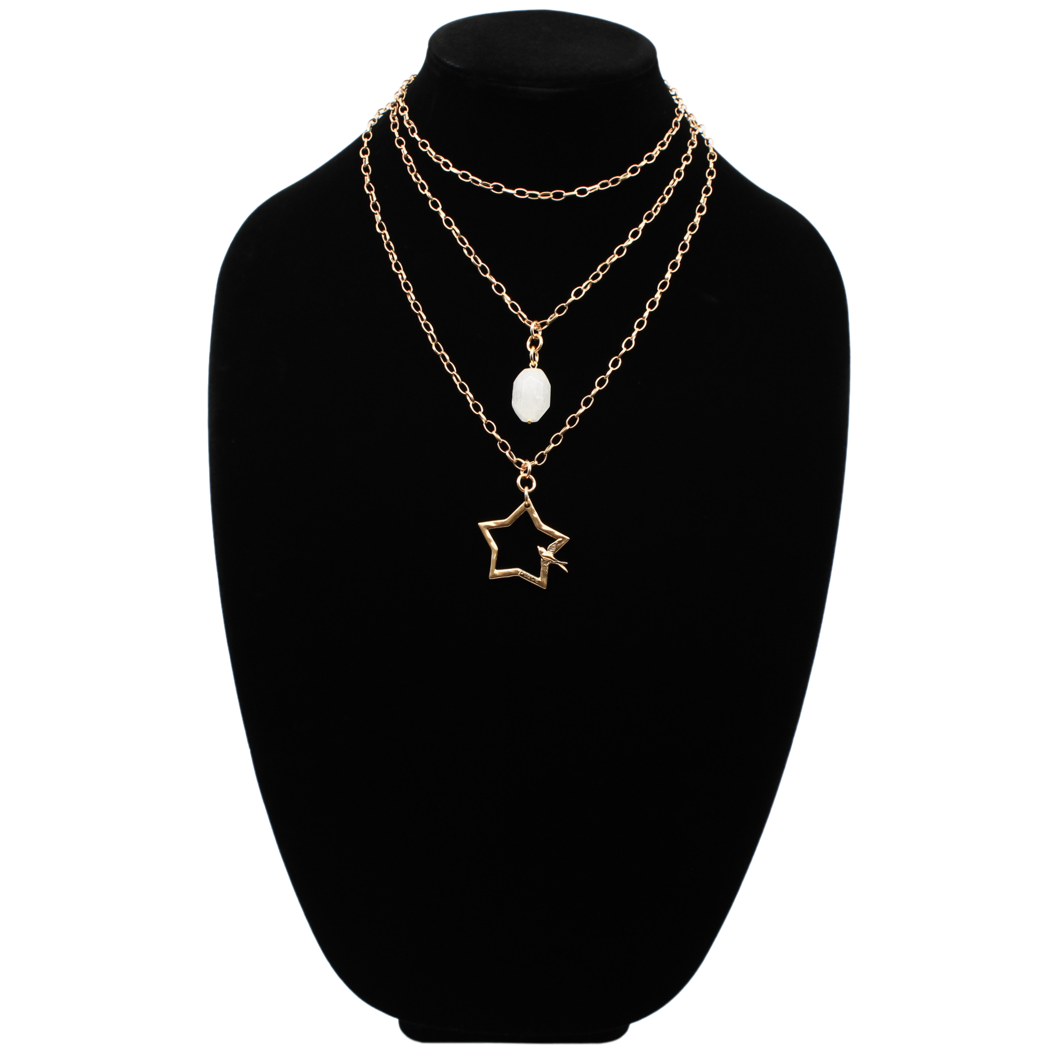Katia Designs Peace & Love Star and Bird Original Lite Necklace in antique gold, featuring a star and bird pendant.